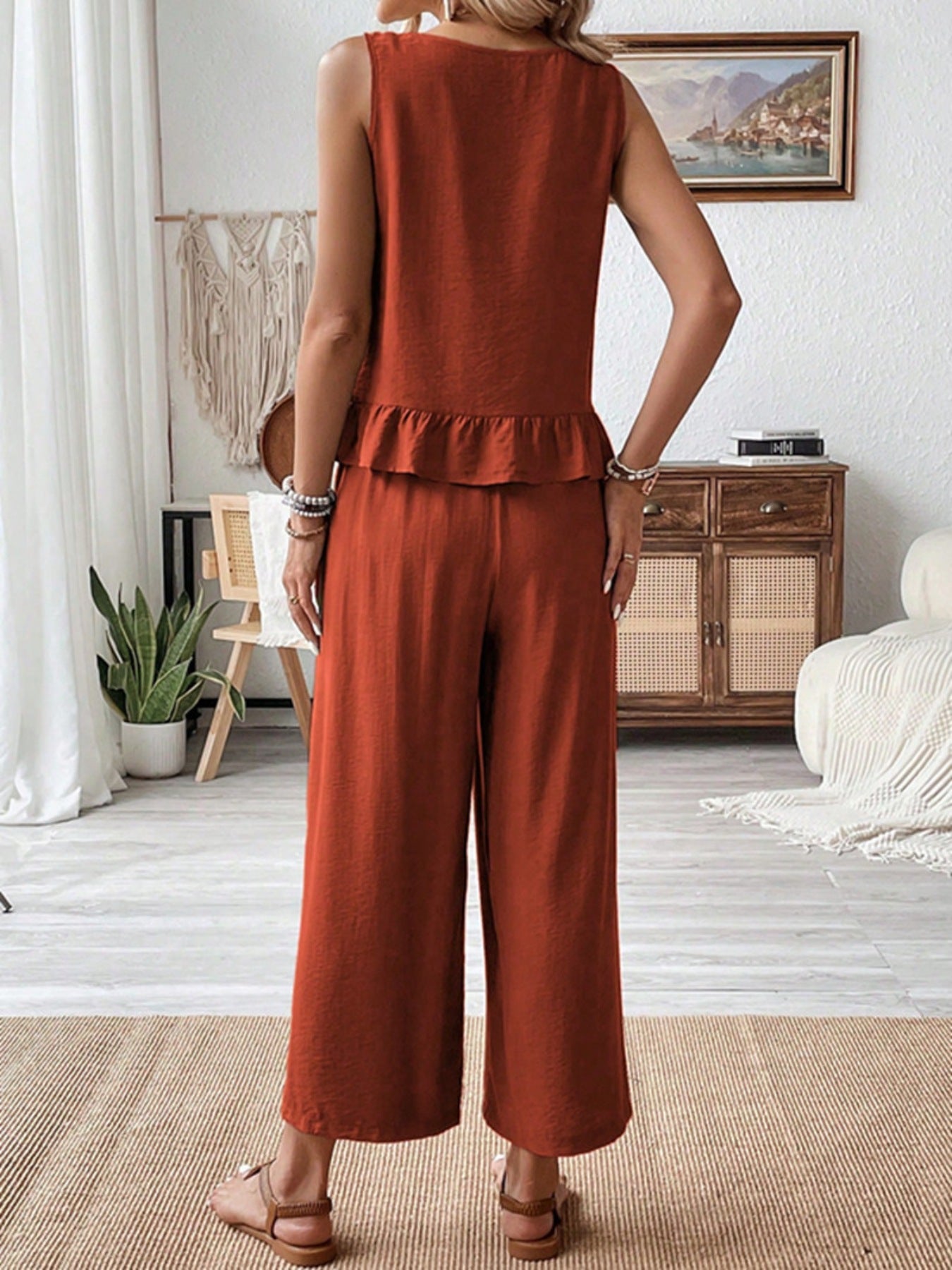 Sleeveless Ruffle Hem Tank and Wide Leg Two-Piece Set