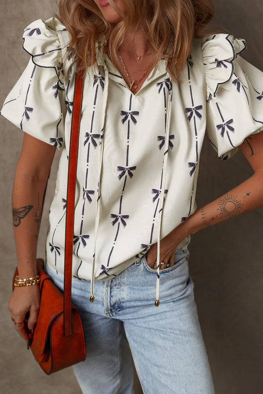 Bow Print Tie Neck Short Sleeve Blouse
