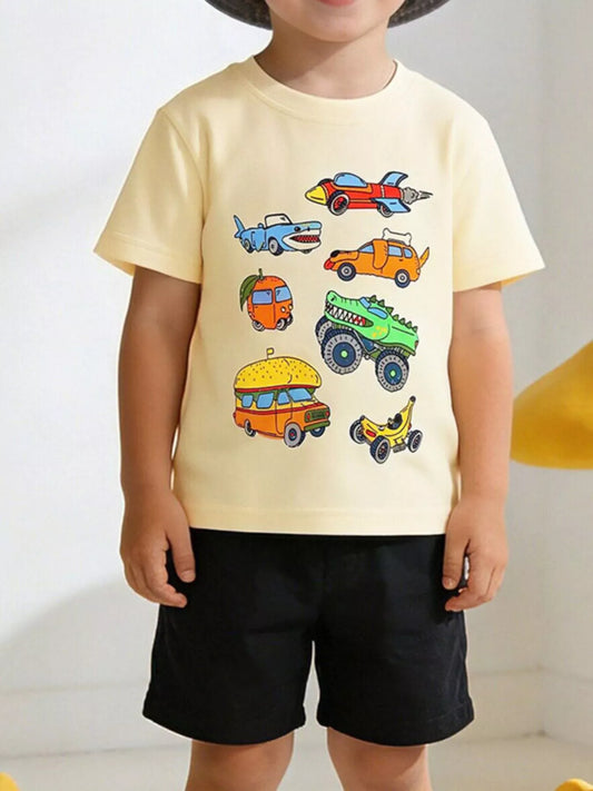 Children's Vehicle Print Crew Neck Short Sleeve T-Shirt