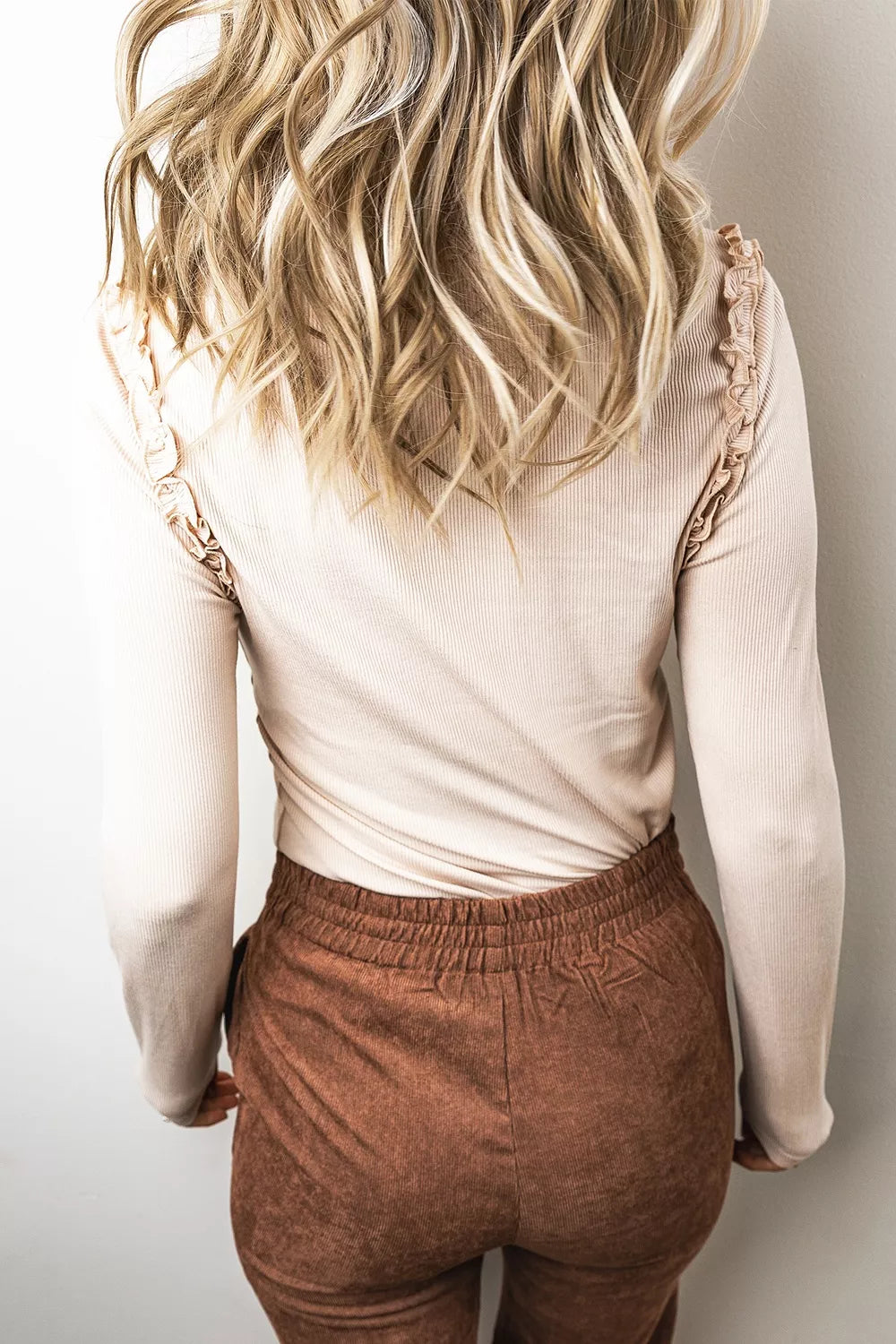 Solid Color Round Neck Frill Detail Long Sleeve Top