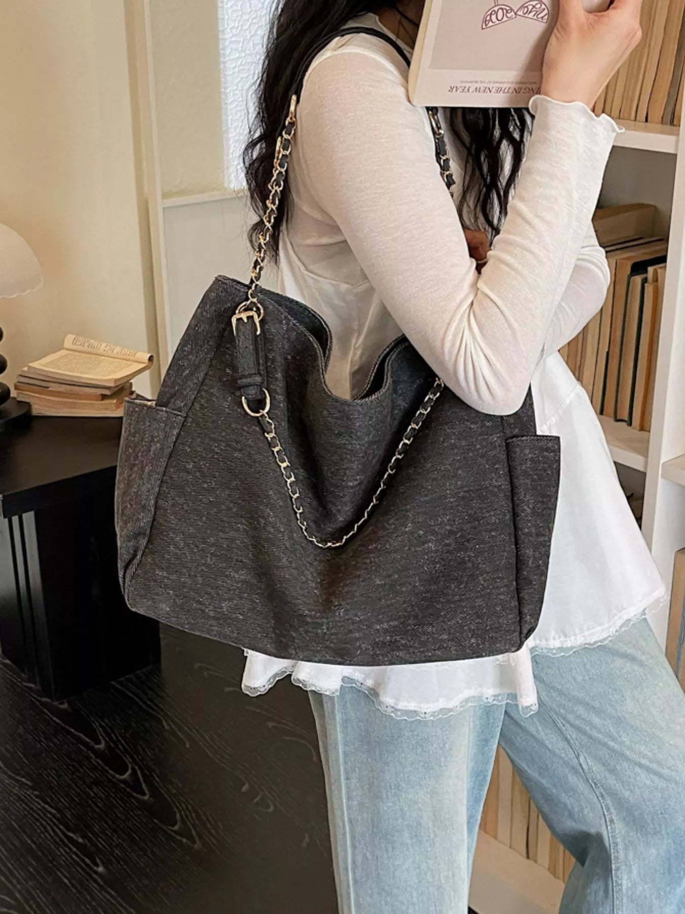 Denim Shoulder Bag with Chain Strap