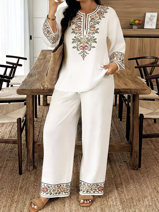 Full Size Embroidered Long Sleeve Top and Pants Set Plus Size