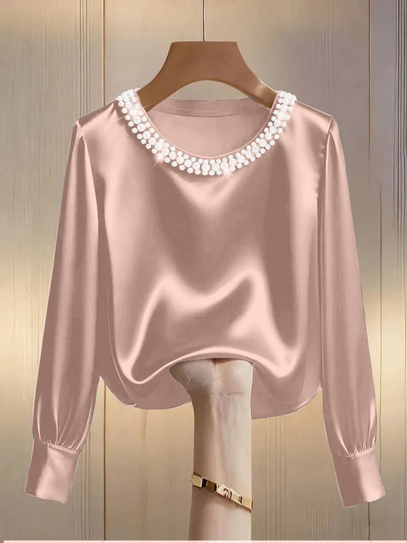 Pearl Trim Round Neck Silk Blouse