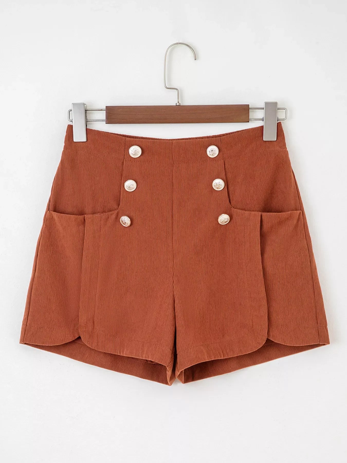 Button Decor Scalloped Edge High Waist Corduroy Shorts