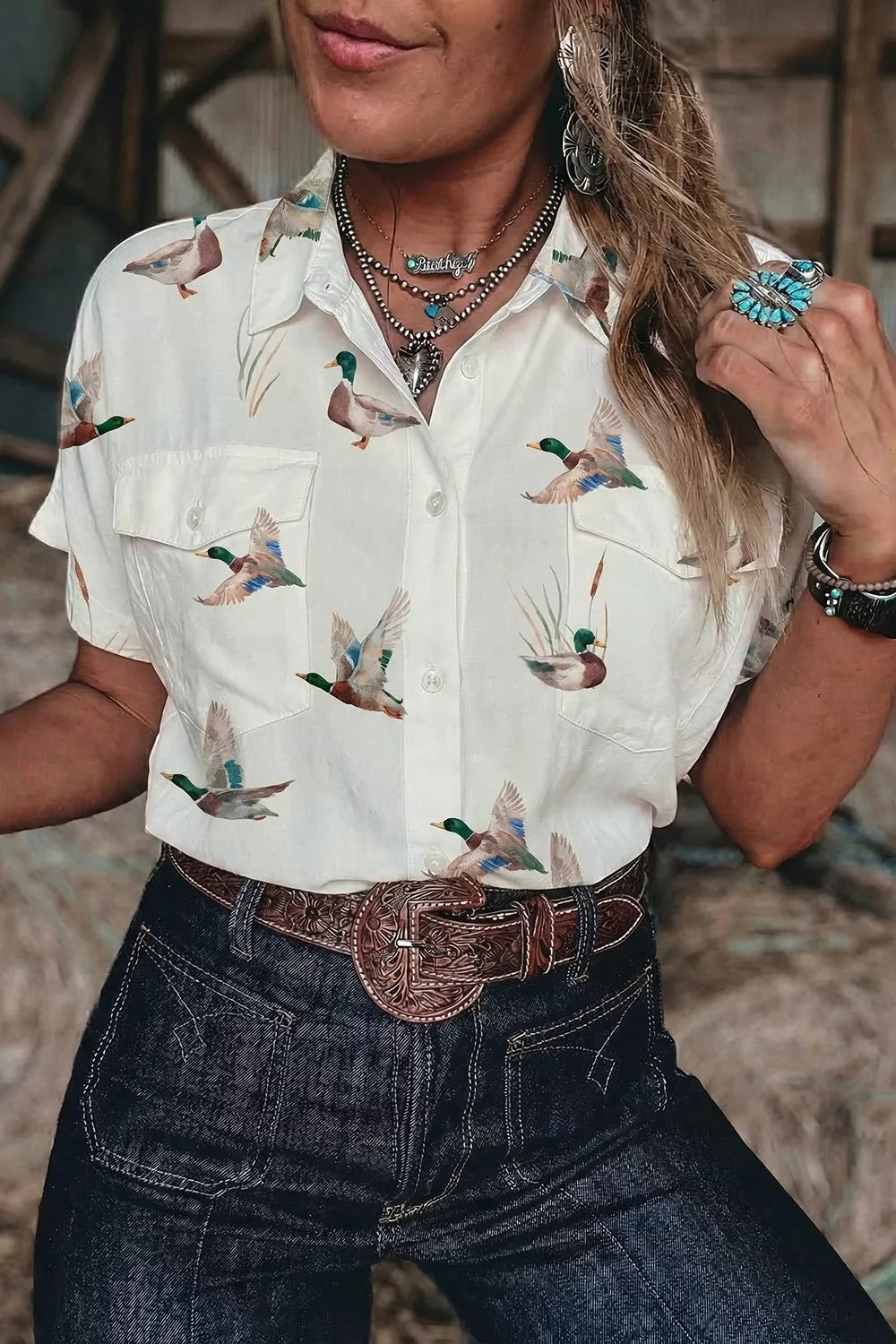 Mallard Printed Button Flap Pocket Short Sleeve Shirt