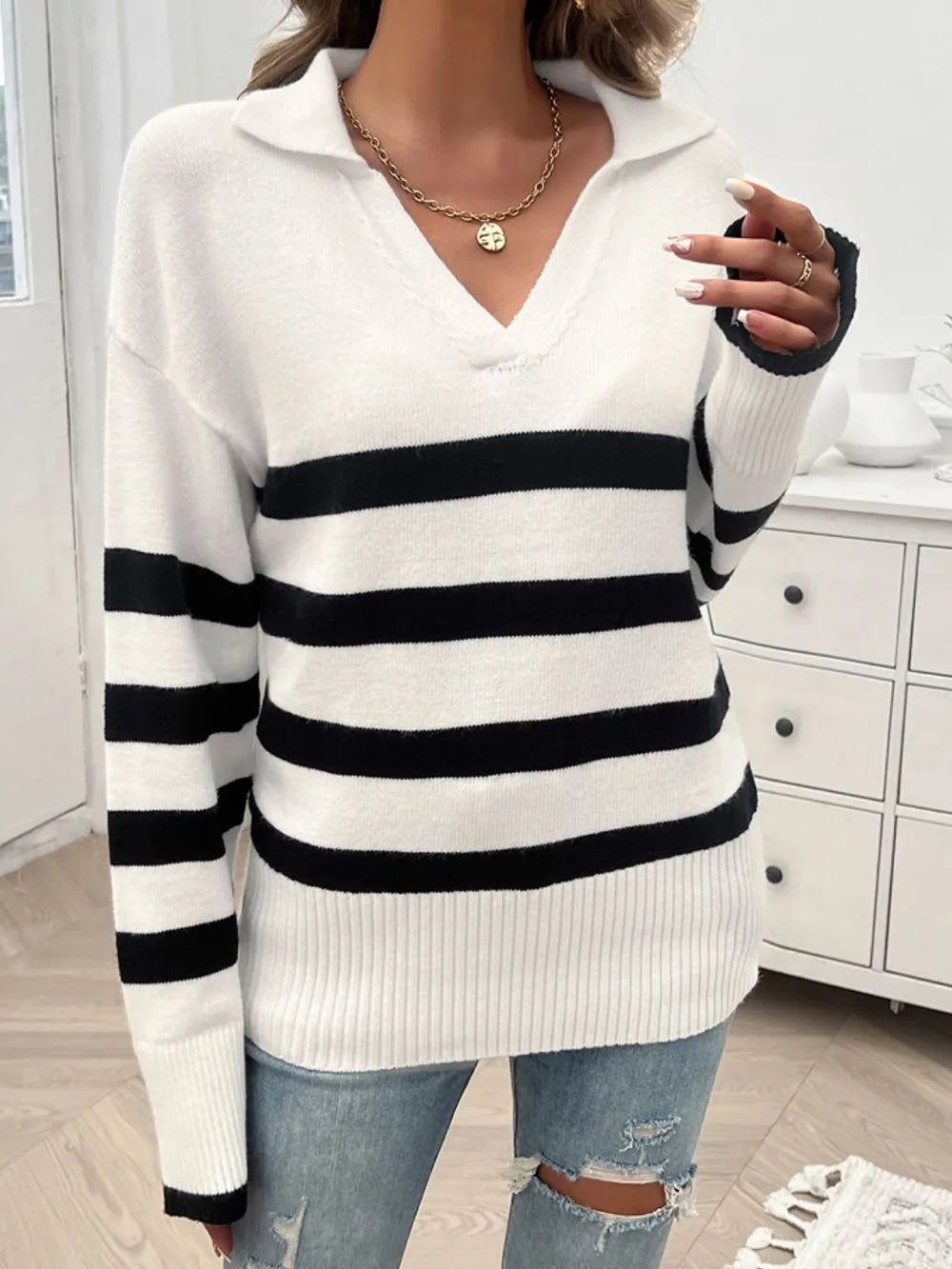 Devine Striped Collared Neck Long Sleeve Sweater