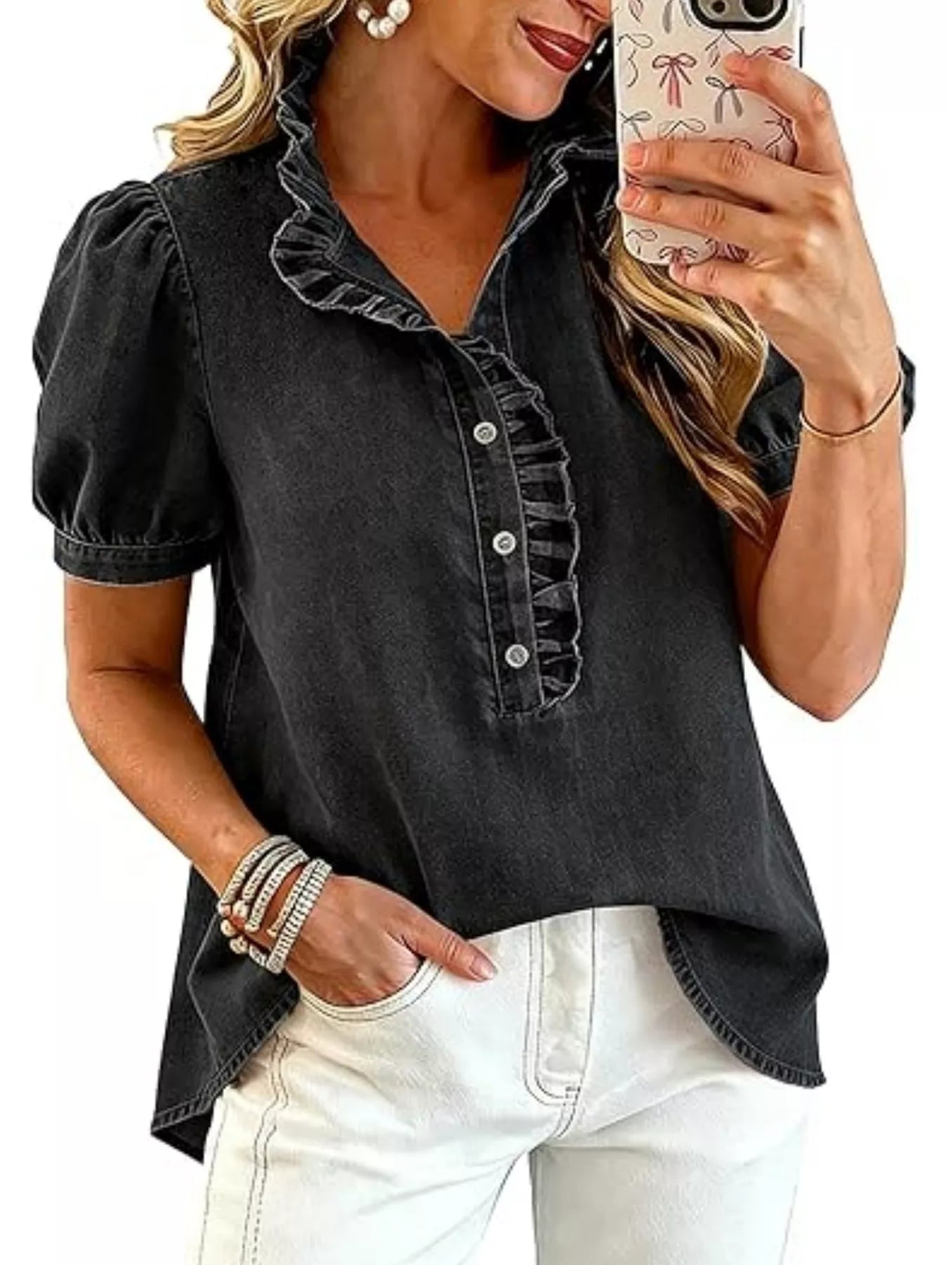 Frill Puff Sleeve Denim Top