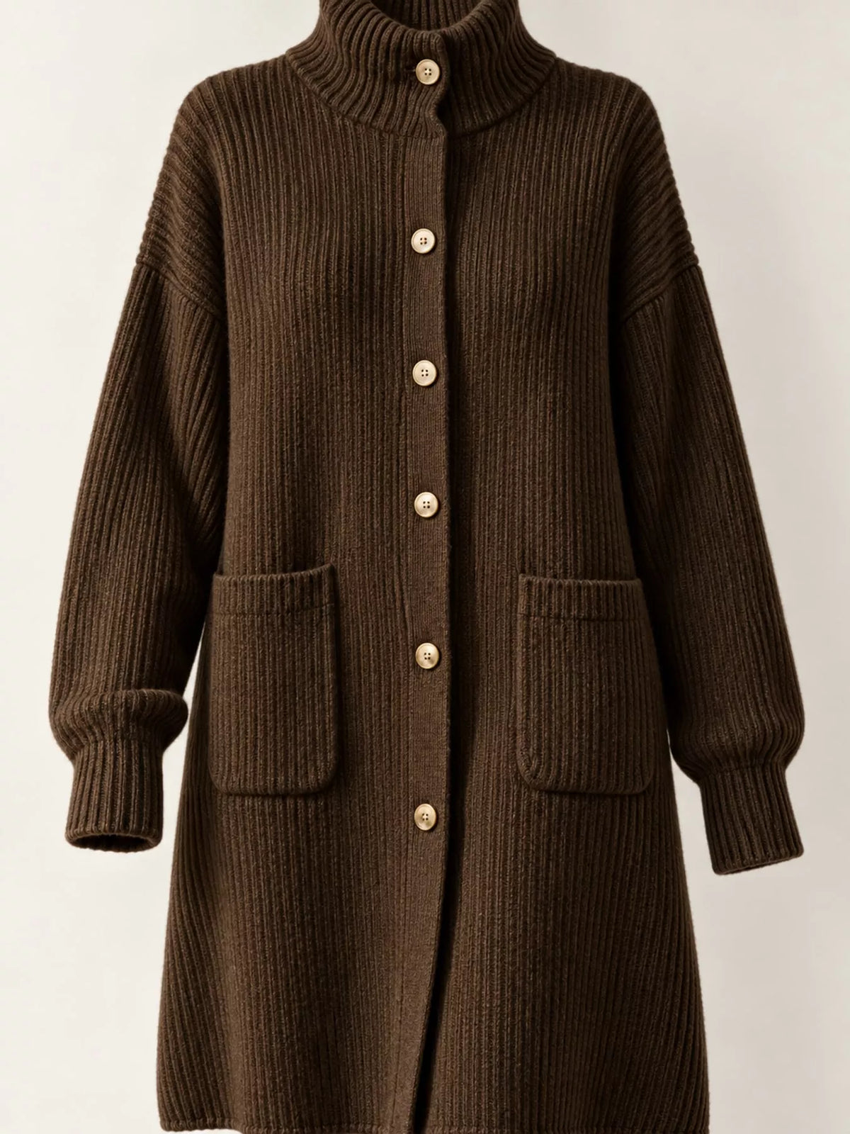 Ribbed Knit Turtleneck Button Up Longline Cardigan