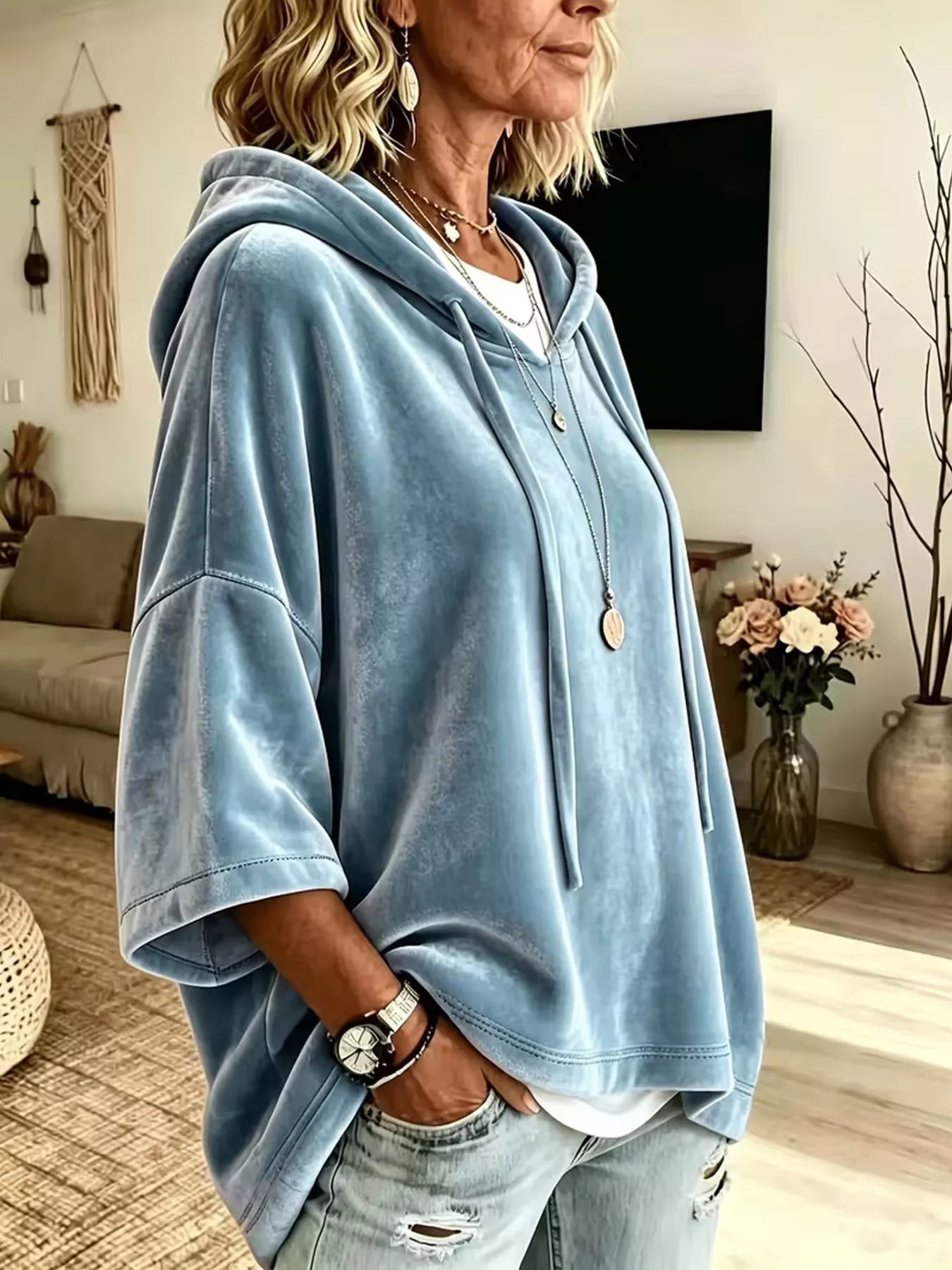 Velvet Loose Fit Hoodie with Drawstring
