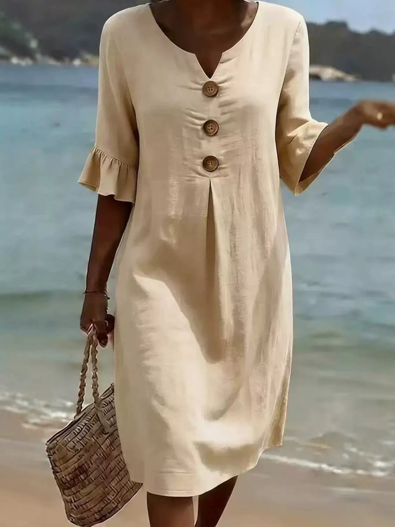 Full Size Casual Decor Button Dress with Ruffle Sleeves Plus Size