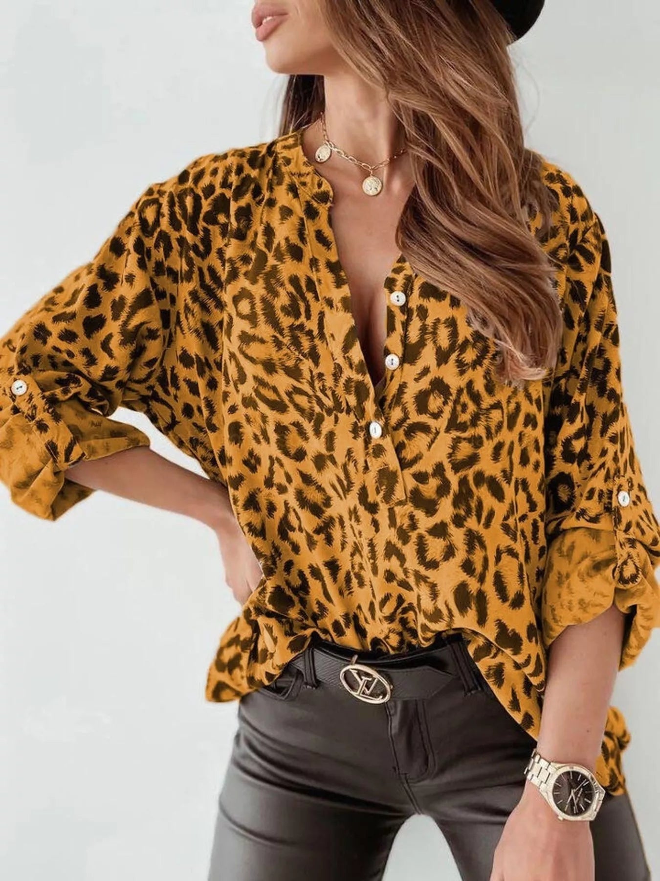 Leopard Print Button Detail Blouse