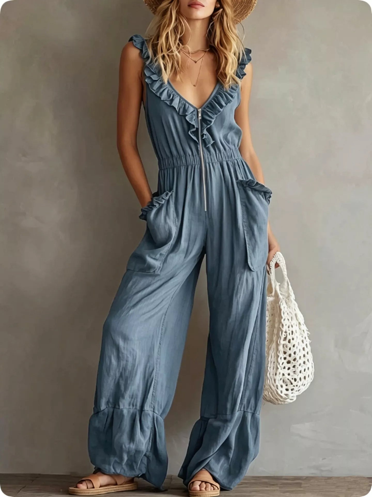 Ruffled V-Neck Wide Leg Jumpsuit