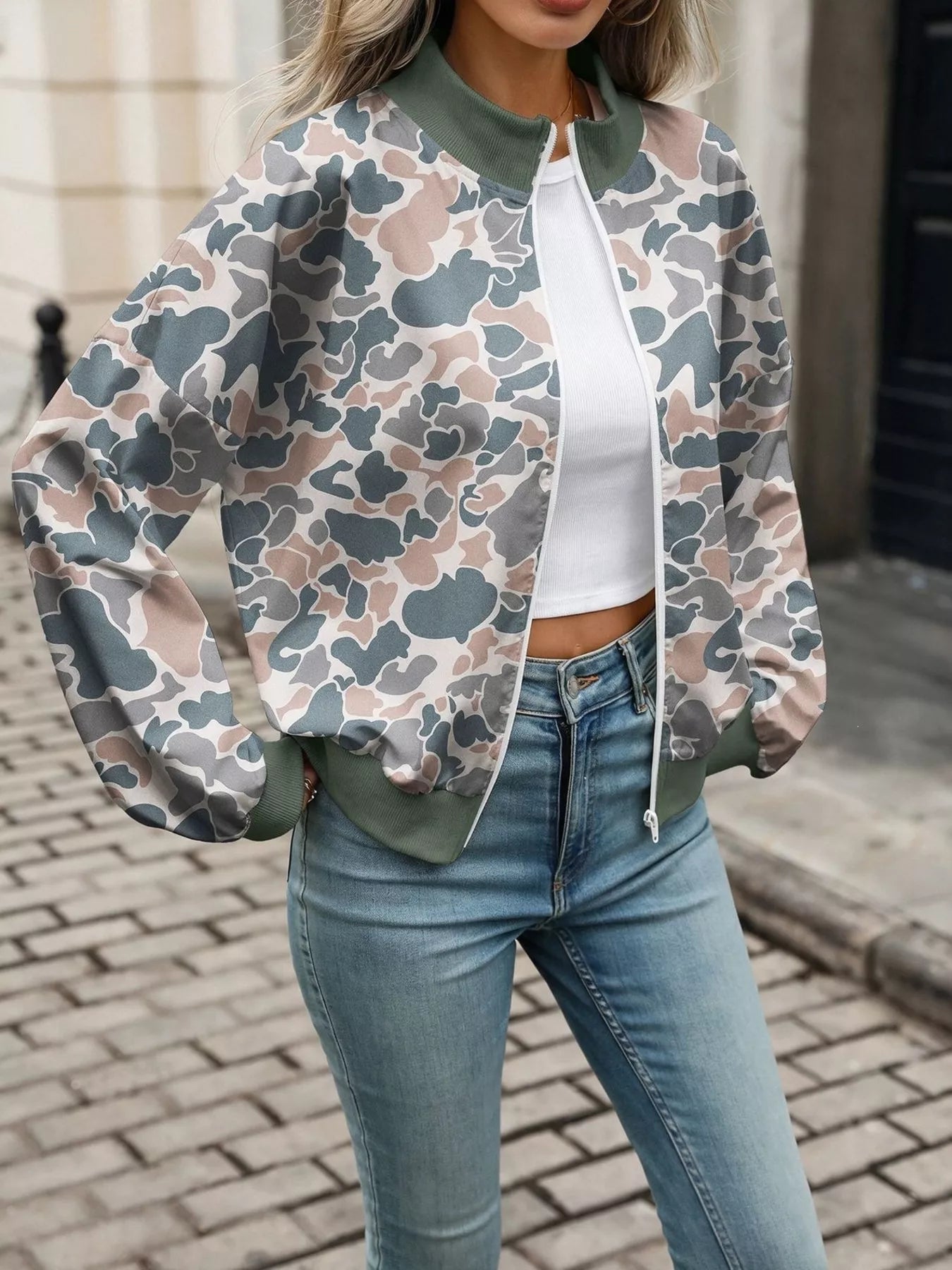 Printed Zip Up Long Sleeve Sweatshirt