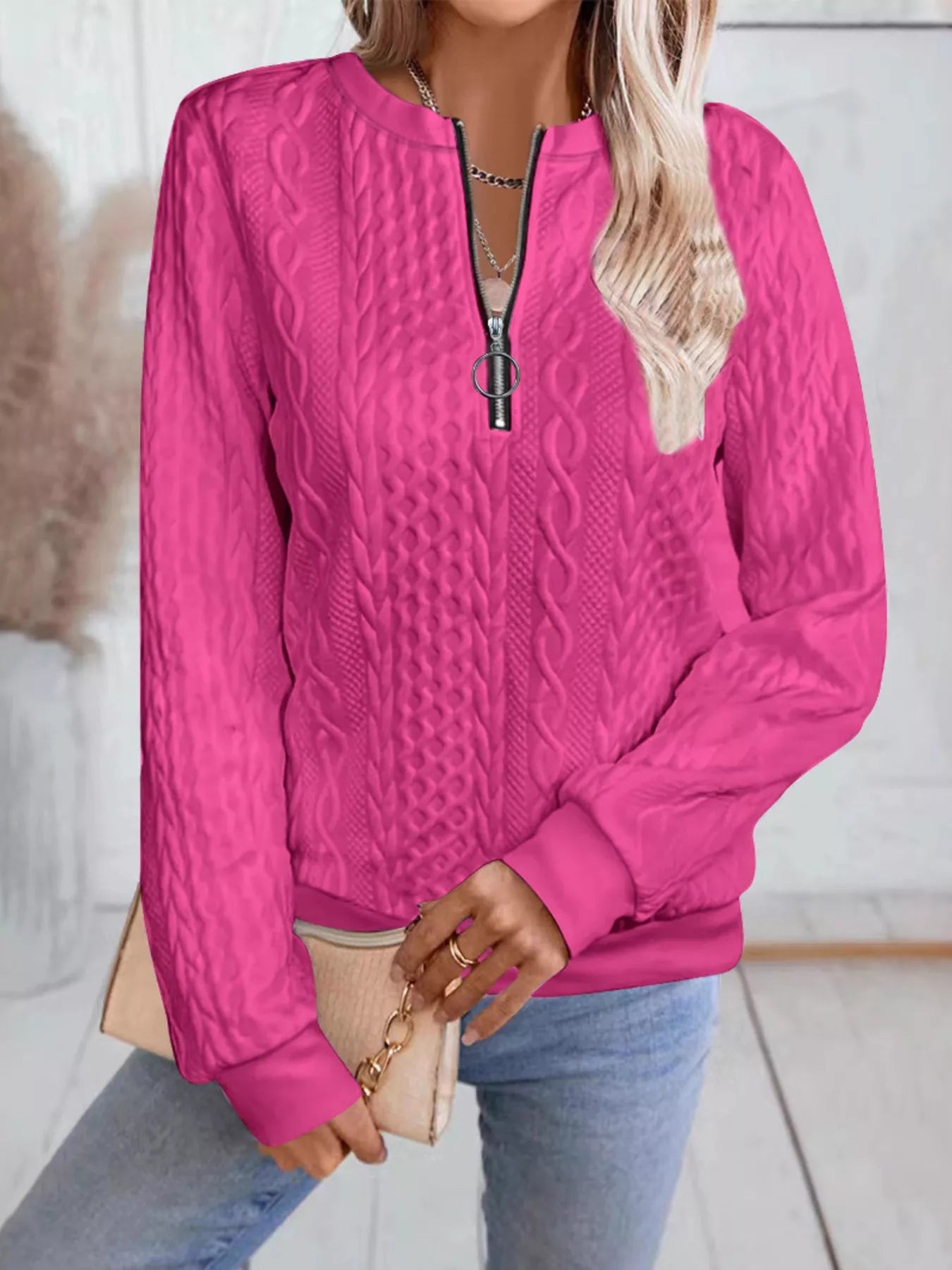 Chic Cable Texture Quarter-Zip Sweatshirt