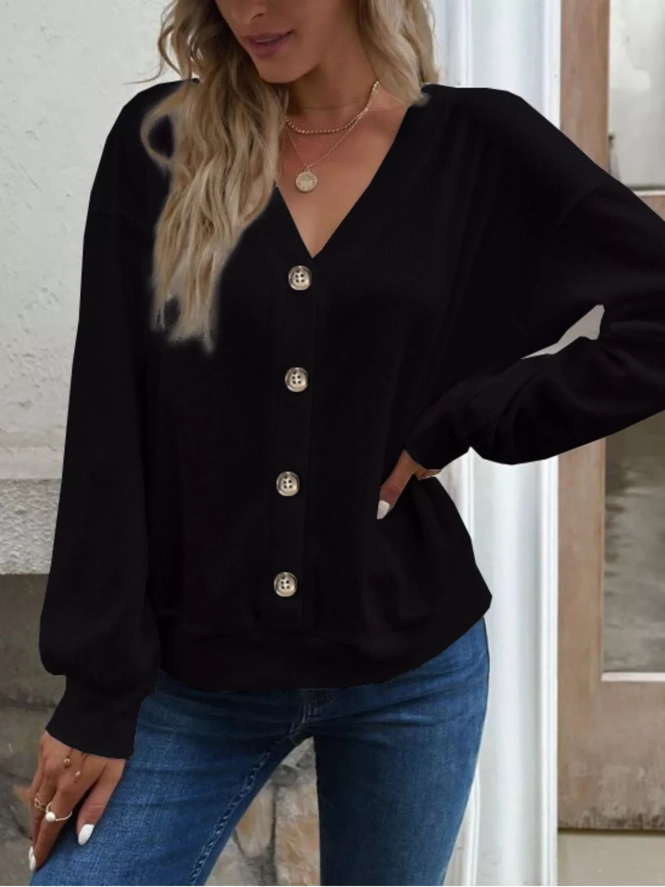 Casual V-Neck Waffle Long Sleeve Top