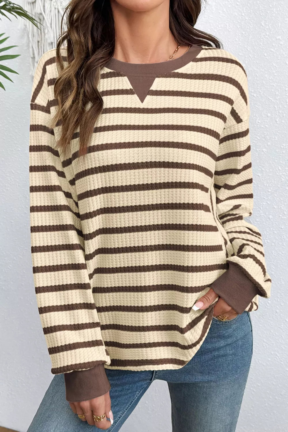 Stripe Patchwork Ribbed Cuff Casual Pullover Sweatshirt