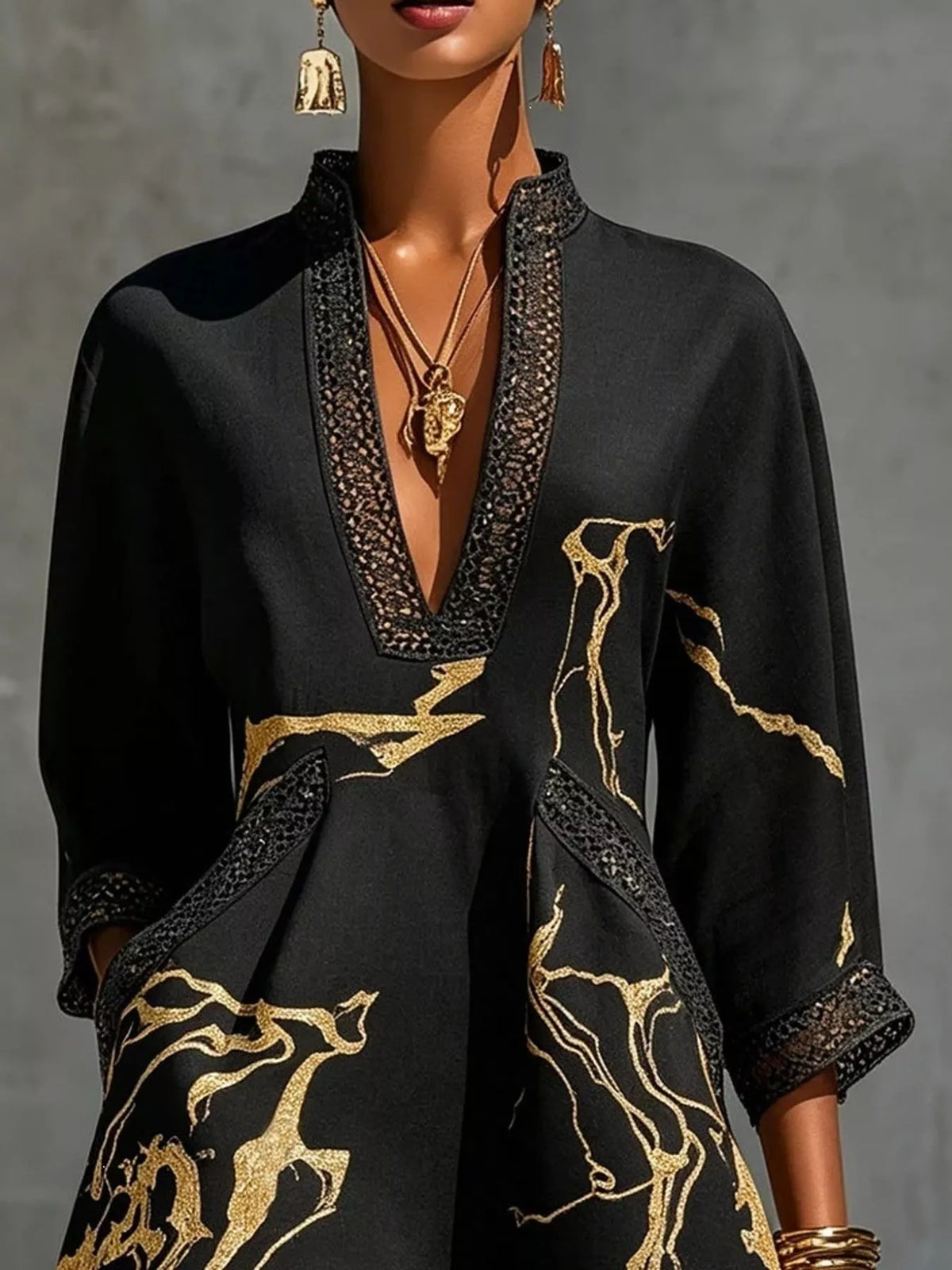 Notched 3/4 Sleeve Mini Dress