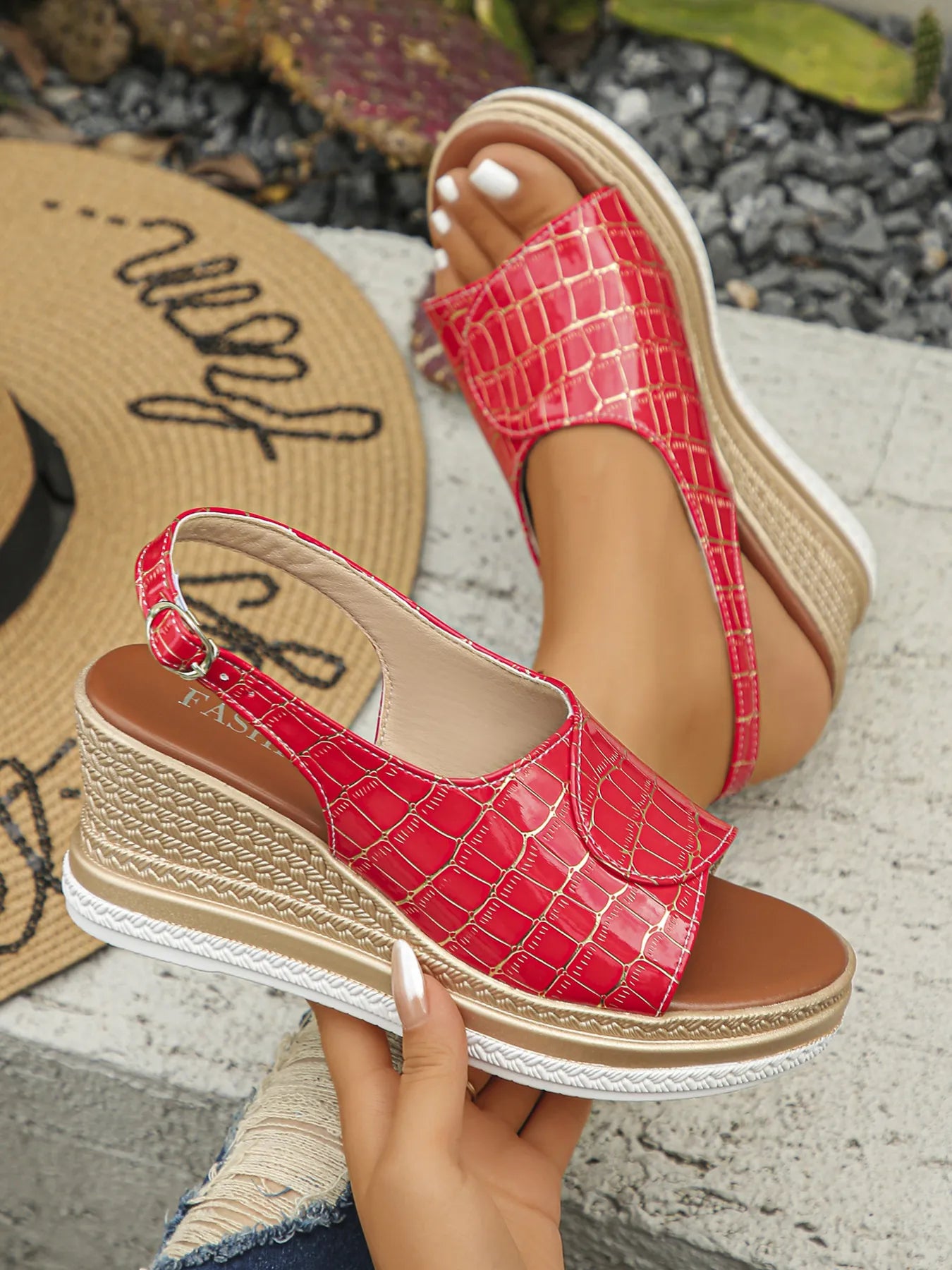 Crocodile Pattern Platform Wedge Sandals