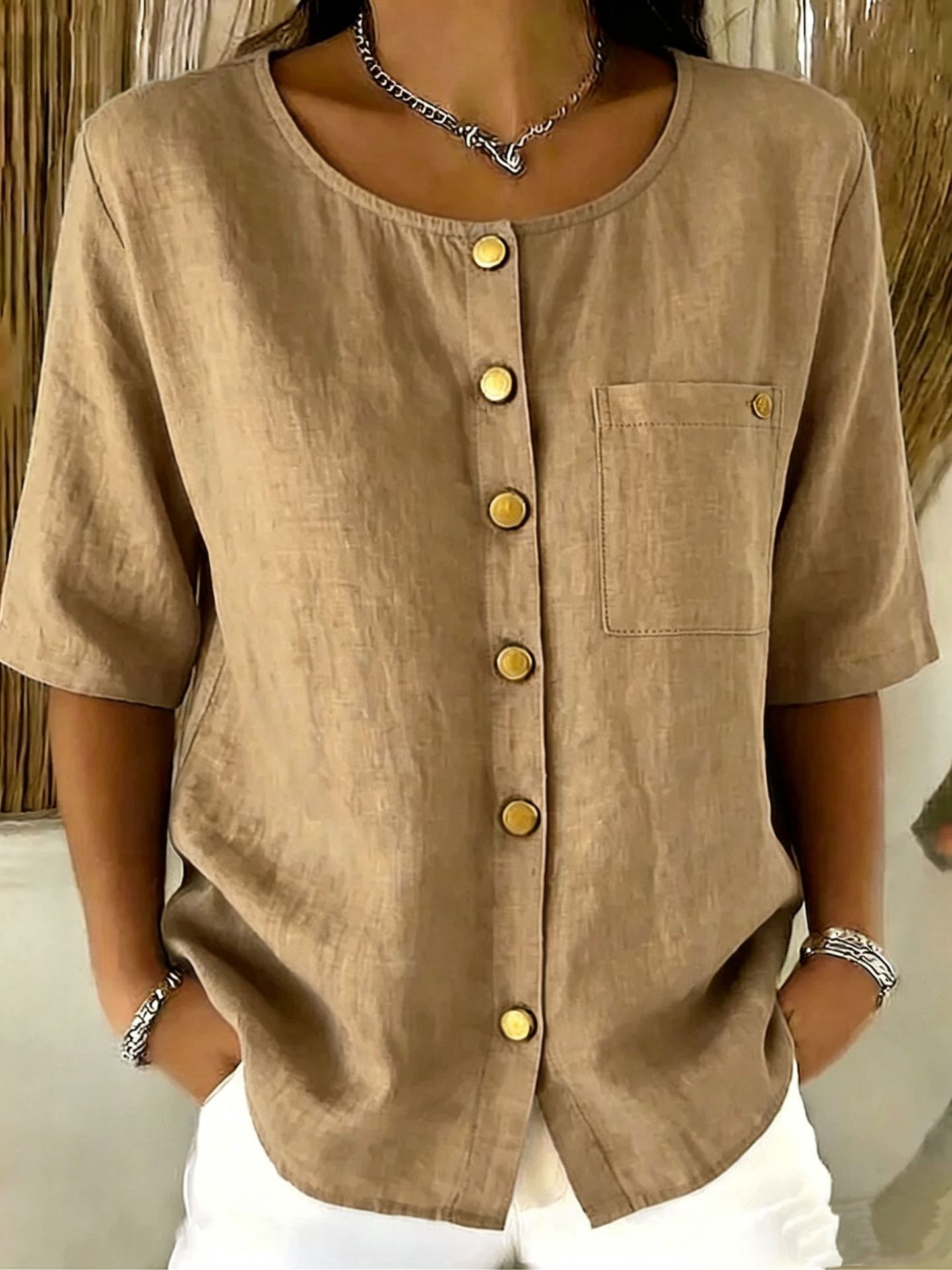 Crew-Neck 3/4 Sleeve Shirt with Metal Buttons – 7 Colors, S–3XL