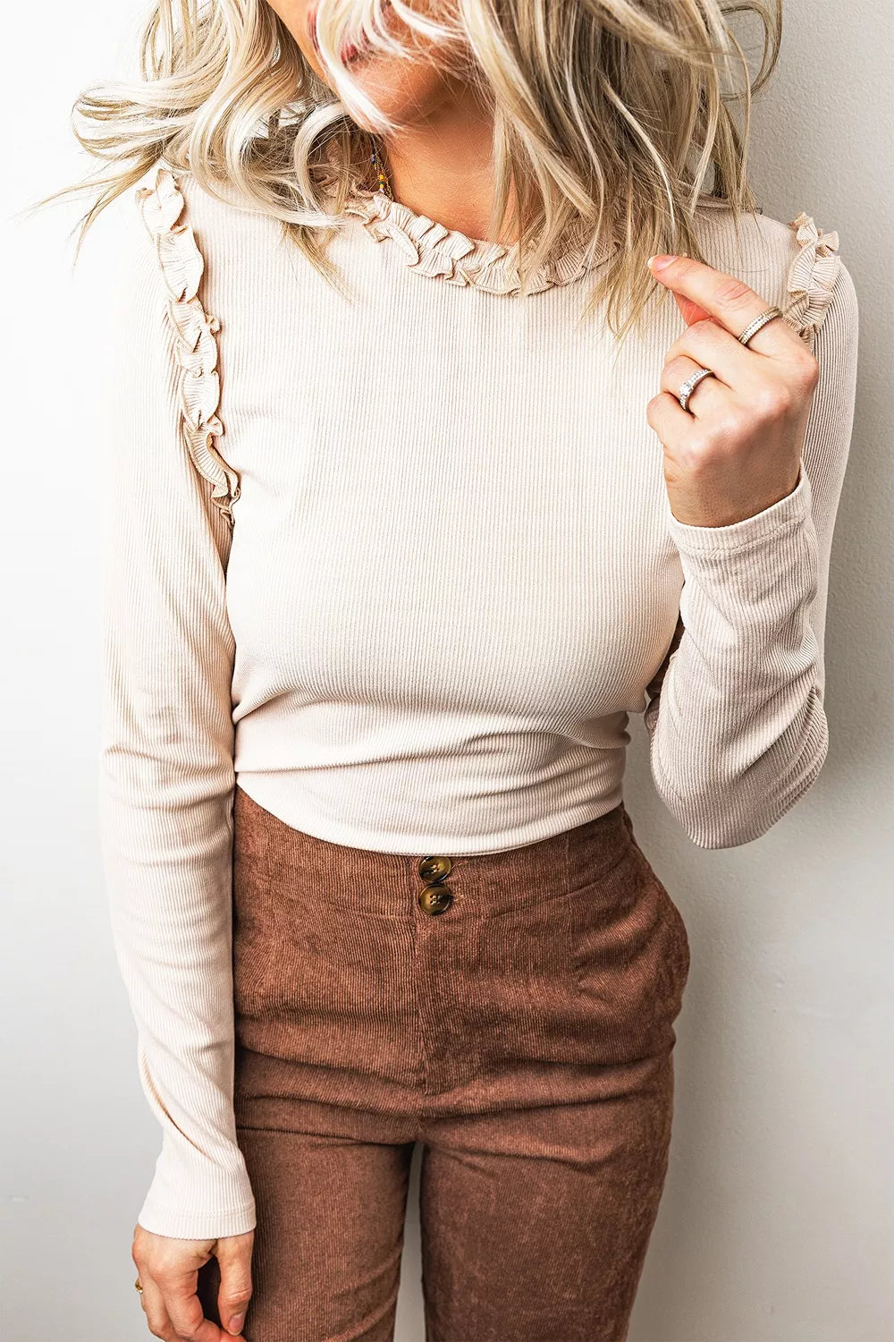 Solid Color Round Neck Frill Detail Long Sleeve Top