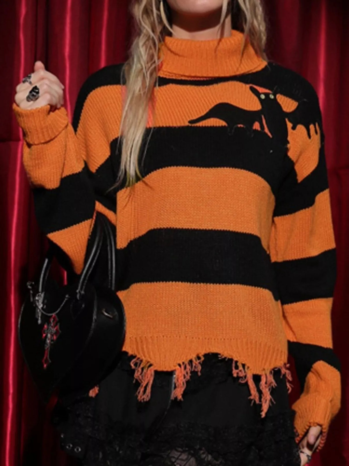 Halloween Bat Graphic Striped Turtleneck Raw Hem Sweater
