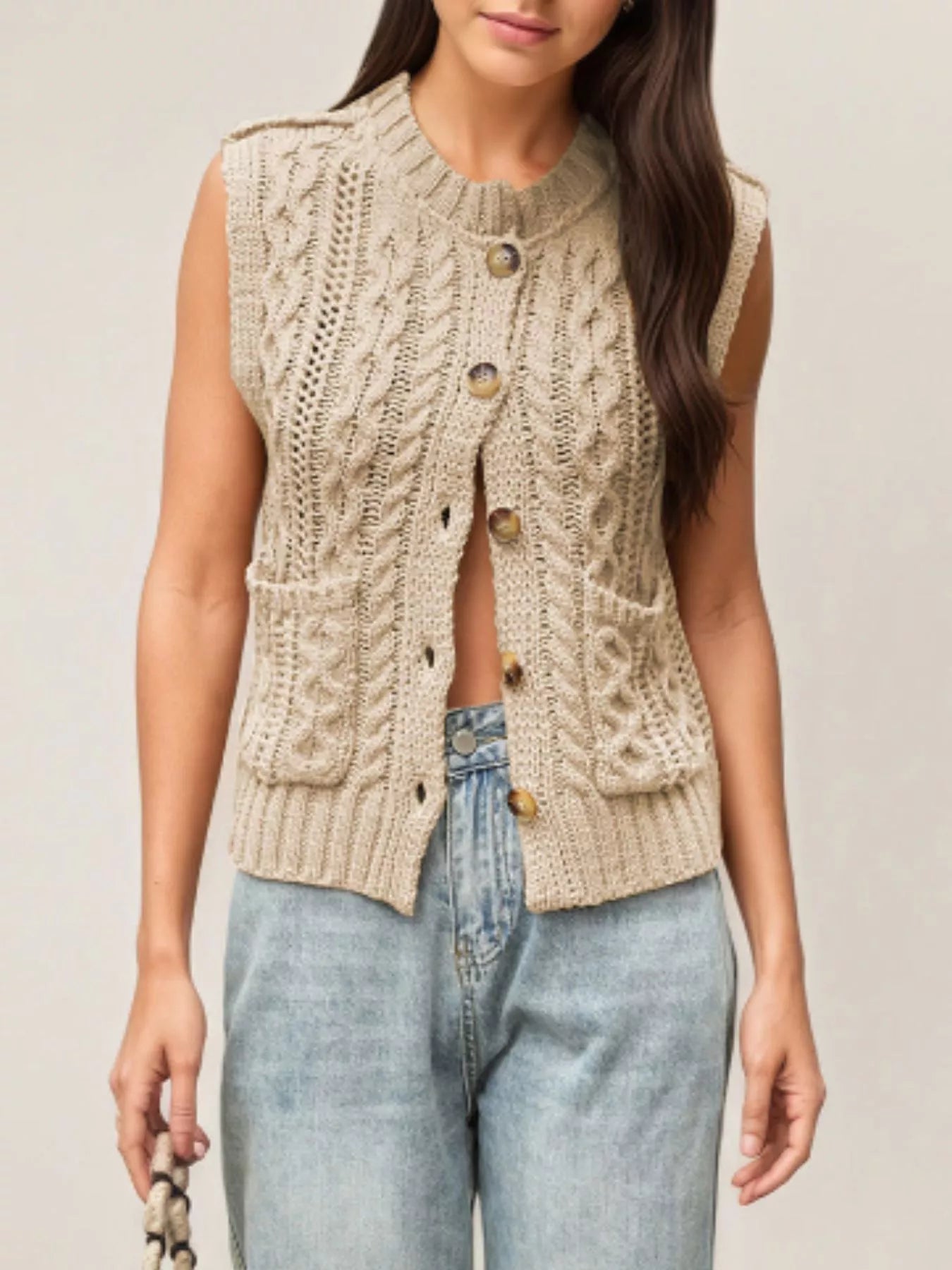 Cable-Knit Button-Down Sweater Vest