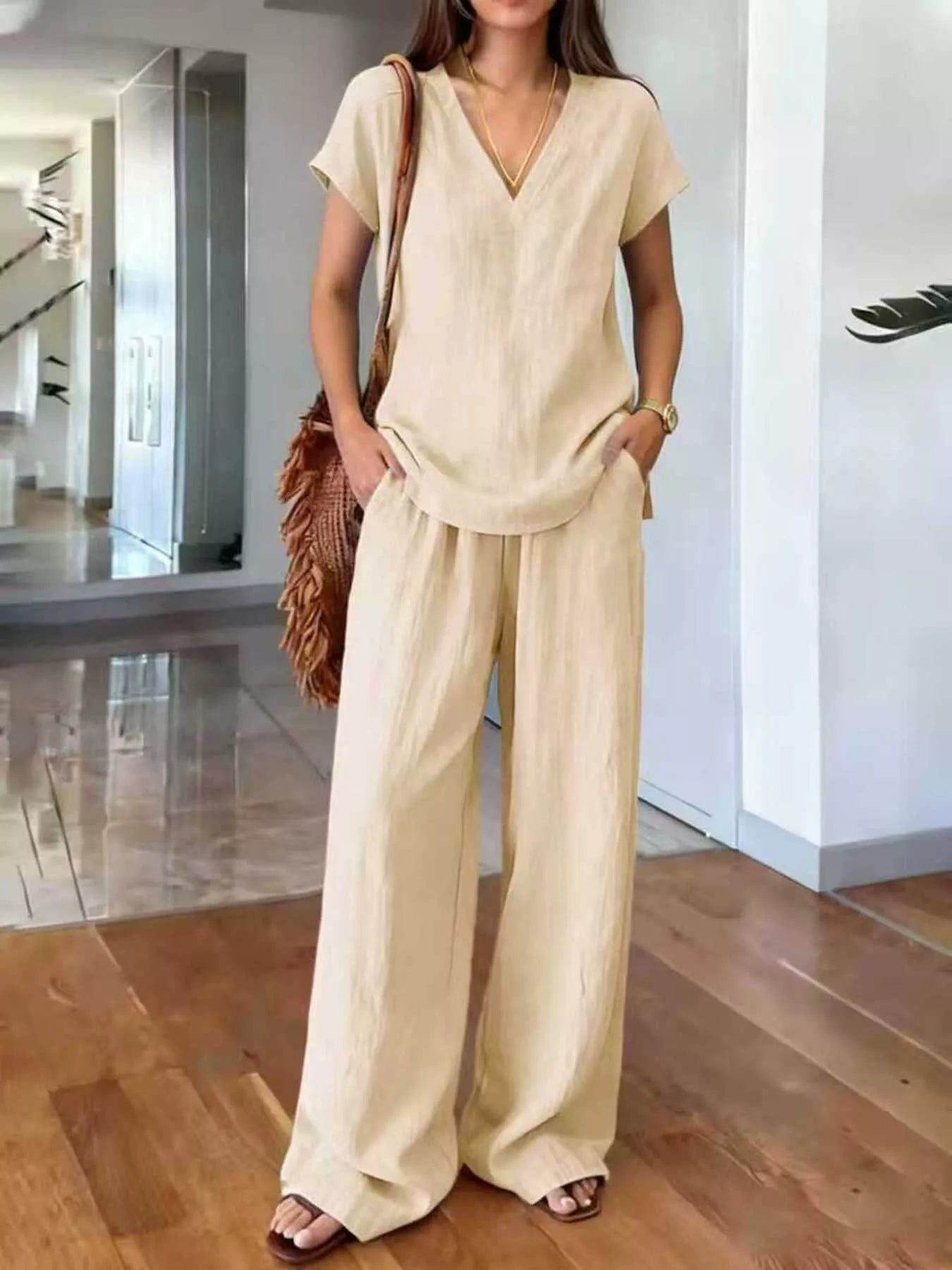 Full Size V-Neck Short Sleeve Top and Pants Set Plus Size