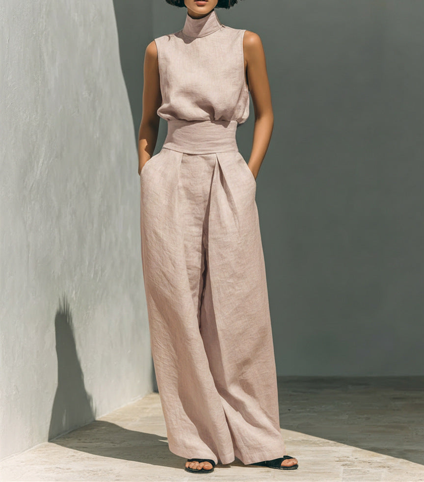 Casual Sleeveless Suit Summer Stand-up Collar Pullover Top And Loose Straight-leg Trousers Women's Clothing (see size chart under more details)