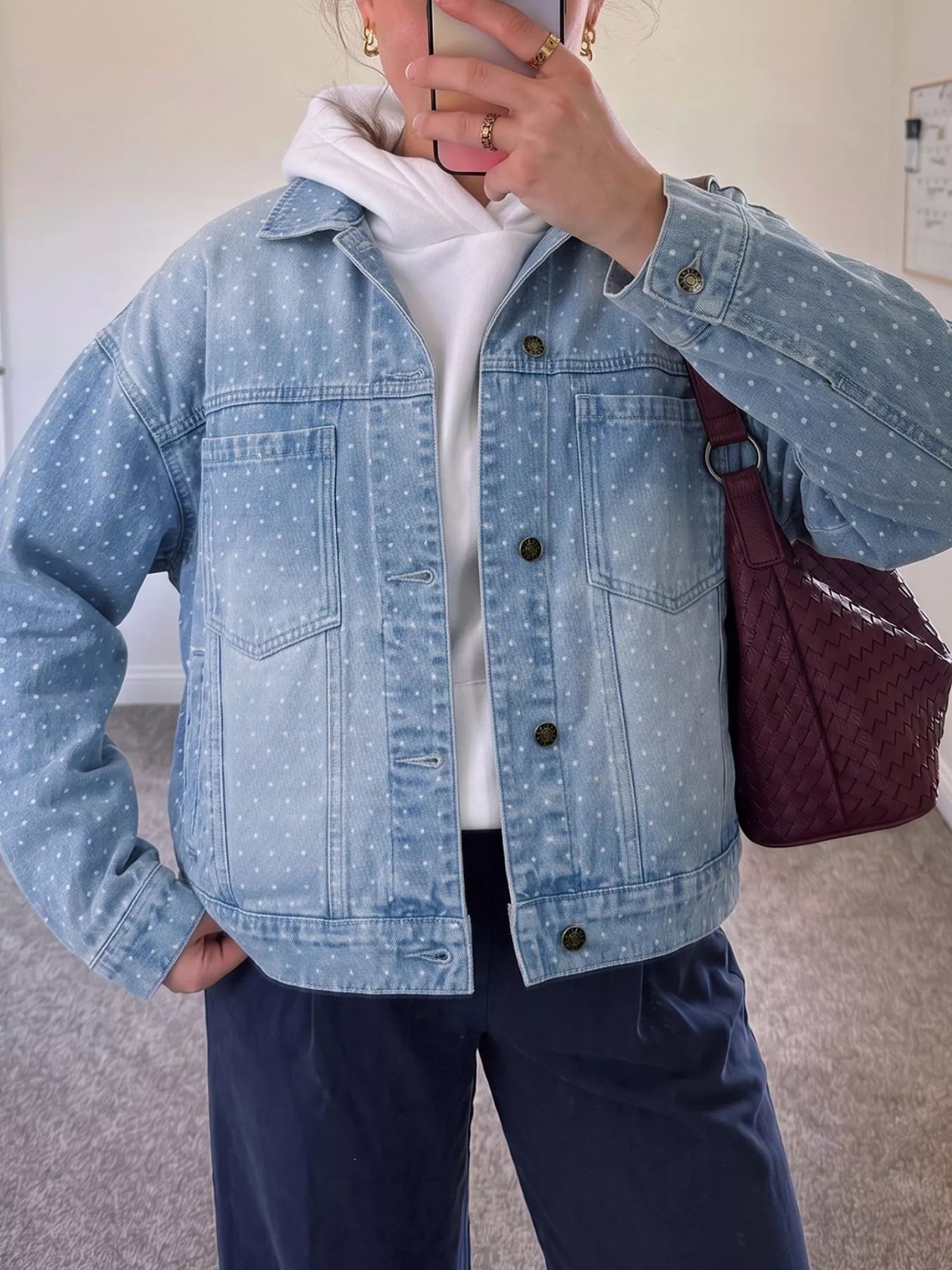 Polka Dot Long Sleeve Collar Pocket Casual Shift Silhouette Denim Jacket
