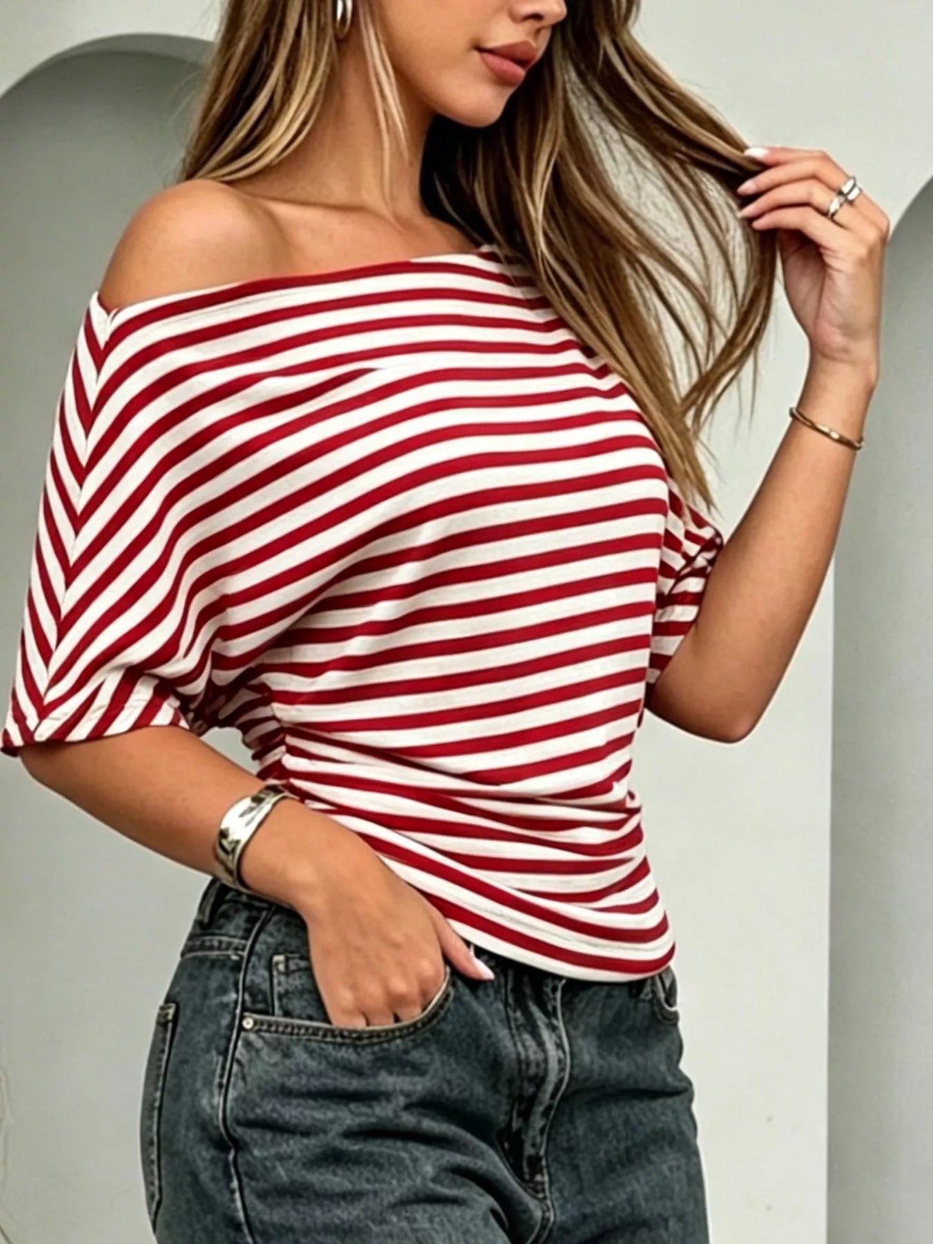 One Shoulder Striped Dolman Sleeve T-Shirt
