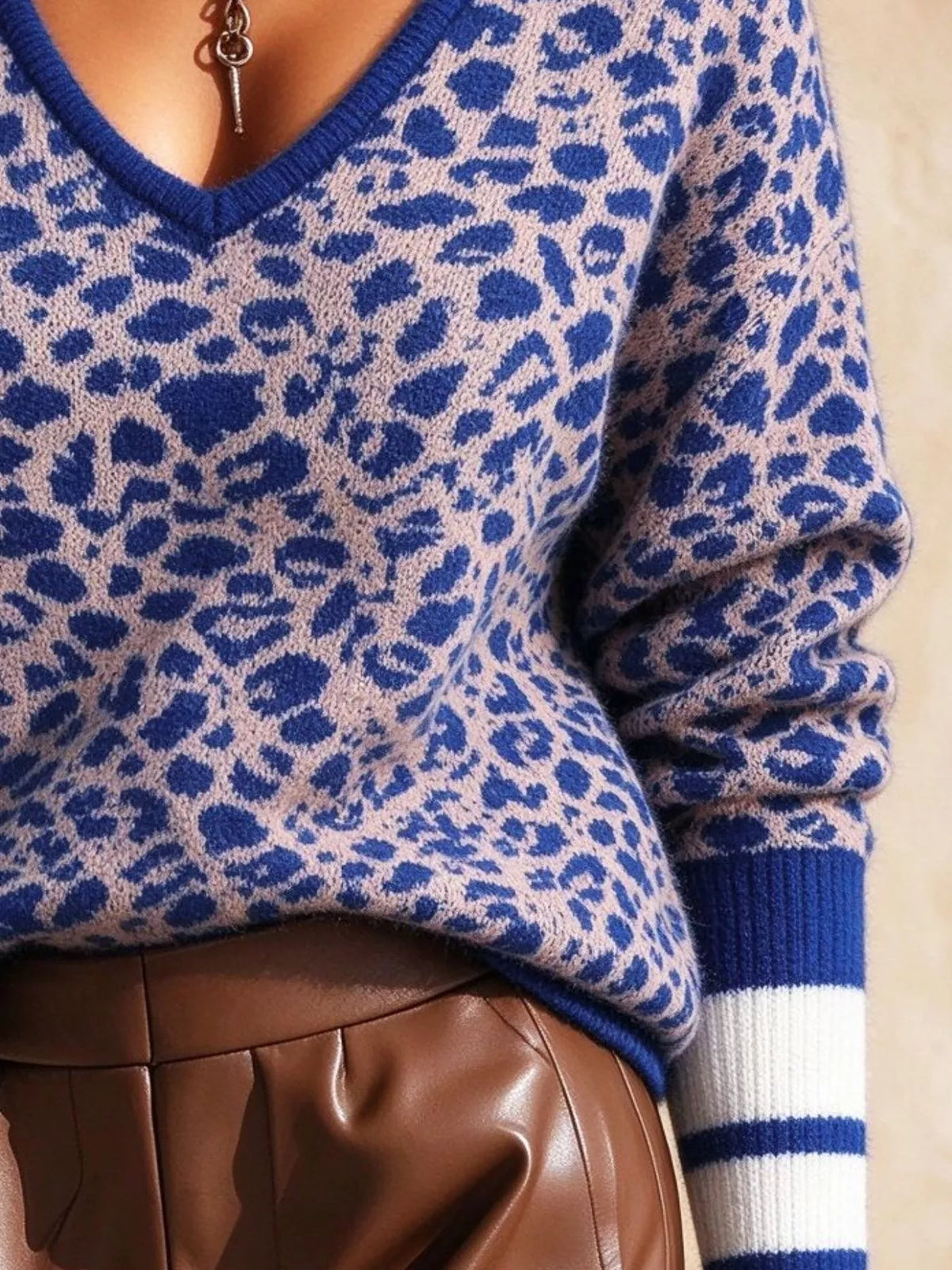 Full Size Leopard V-Neck Sweater with Striped Cuffs Plus Size