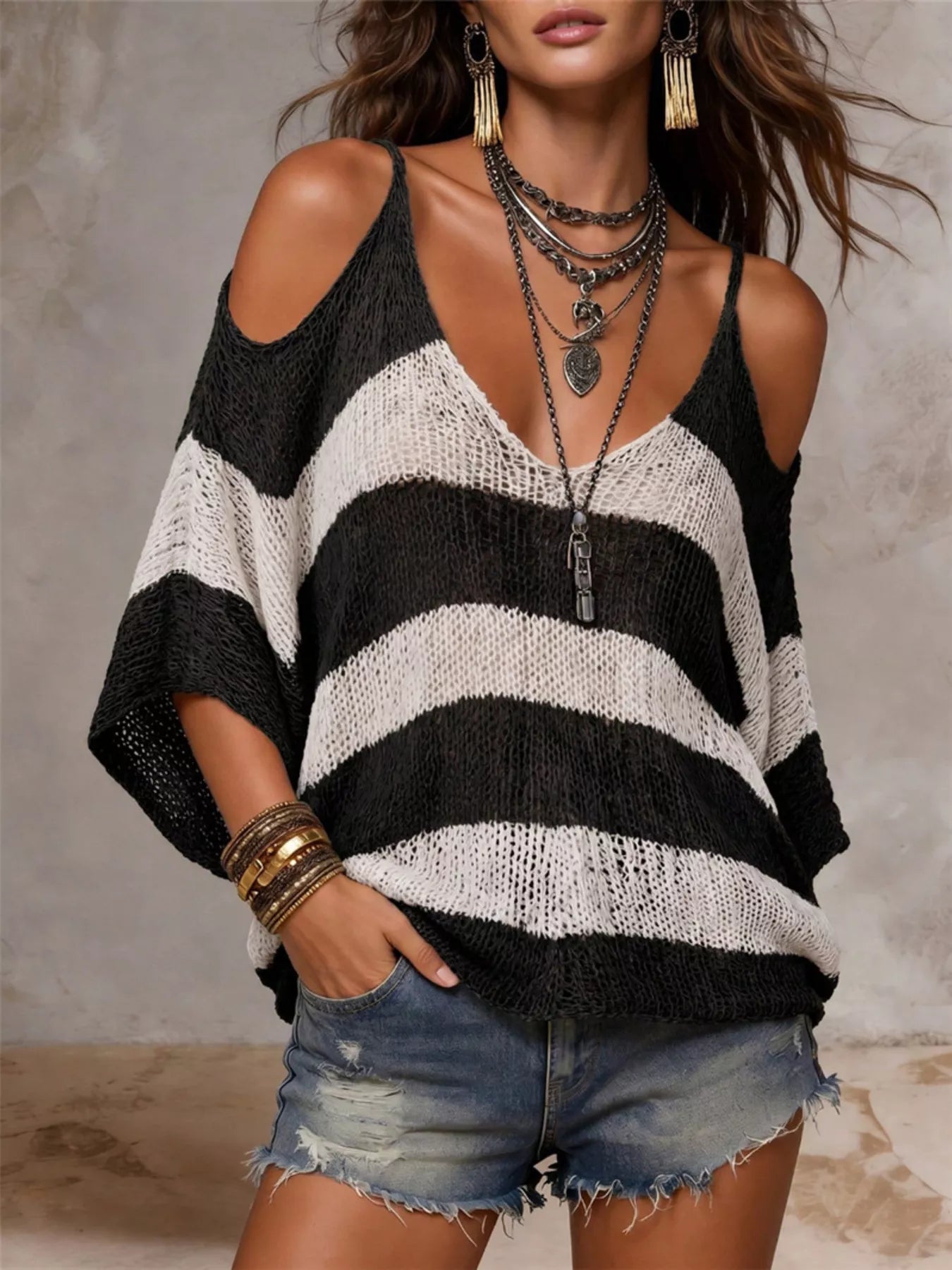 Striped Cold Shoulder Sweater