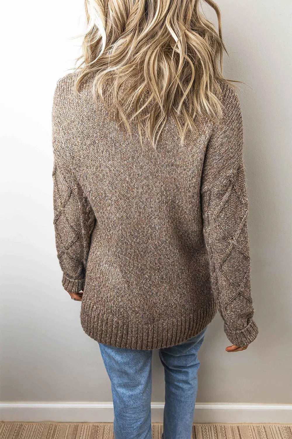 High Neck Drop Shoulder Cable Knit Regular Length Sweater