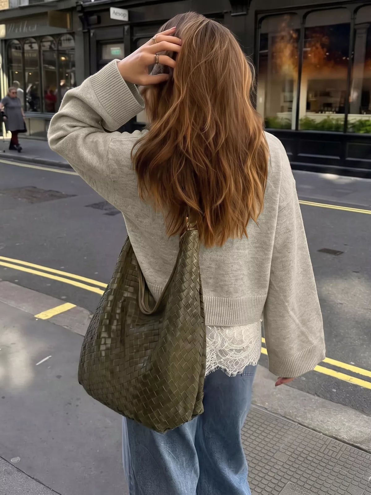 Layered Lace Hem Crew Neck Sweater