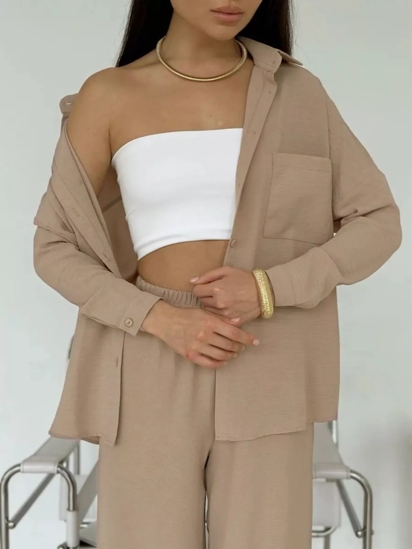 Relaxed Fit Shirt and Wide Leg Pants Set