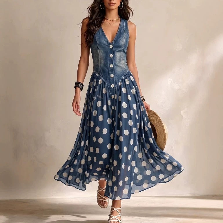 Denim Bodice Polka Dot Chiffon Skirt Sleeveless Midi Dress
