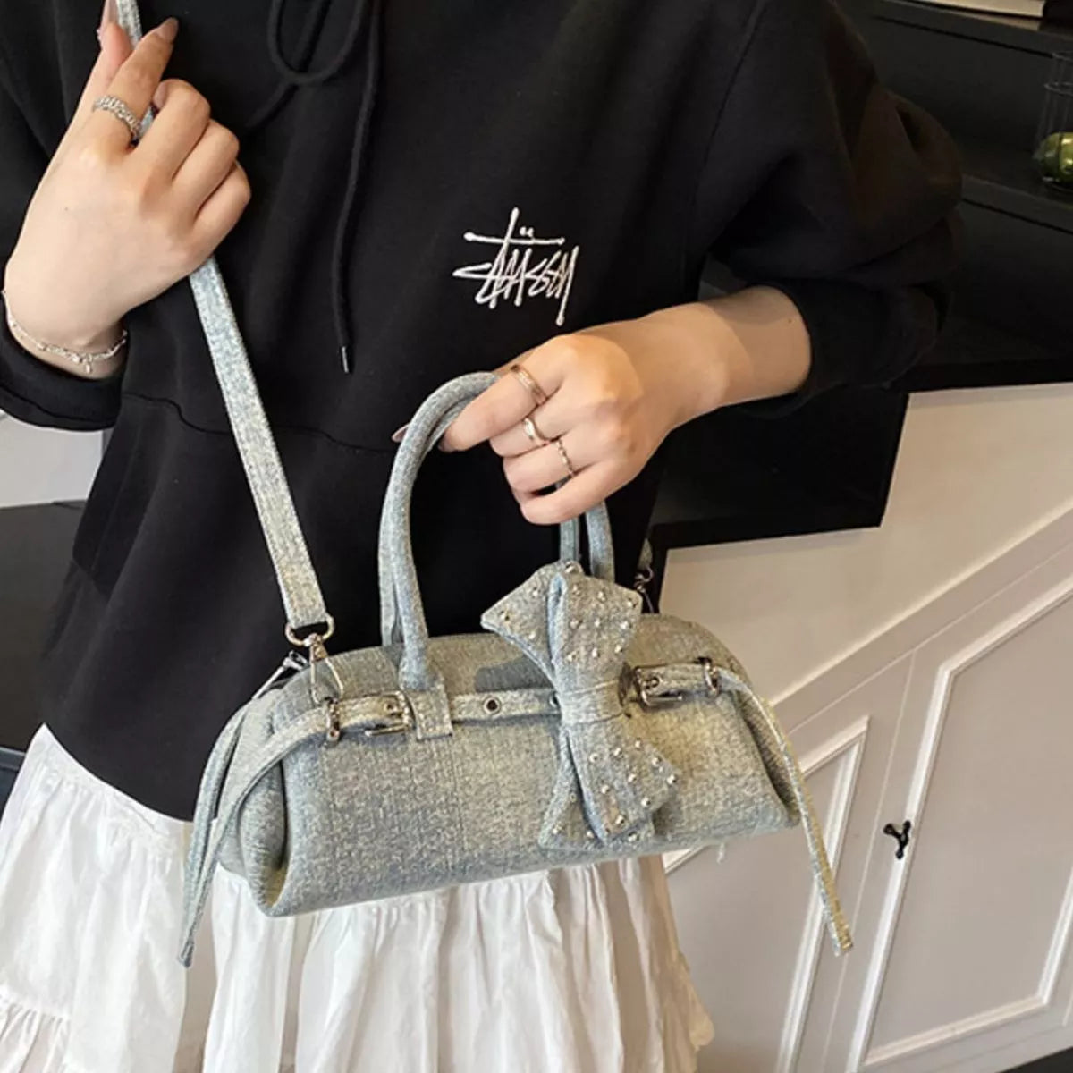 Denim Bow Accent Crossbody Bag