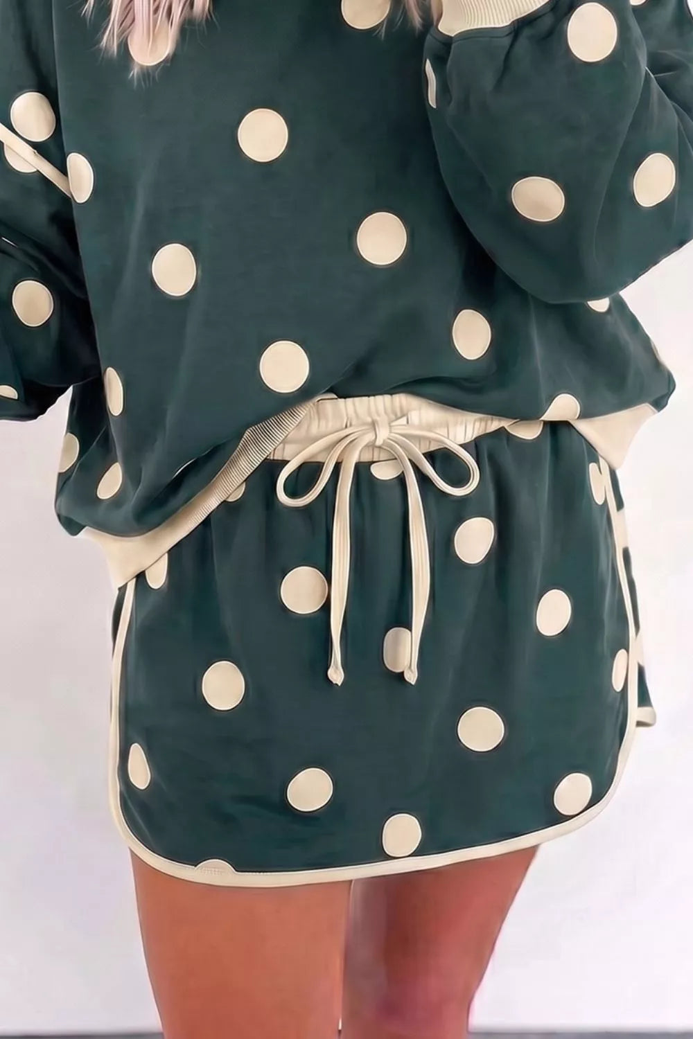 Polka Dot Print Color Block Trim Baggy Pullover Drawstring Skirt 2pcs Set