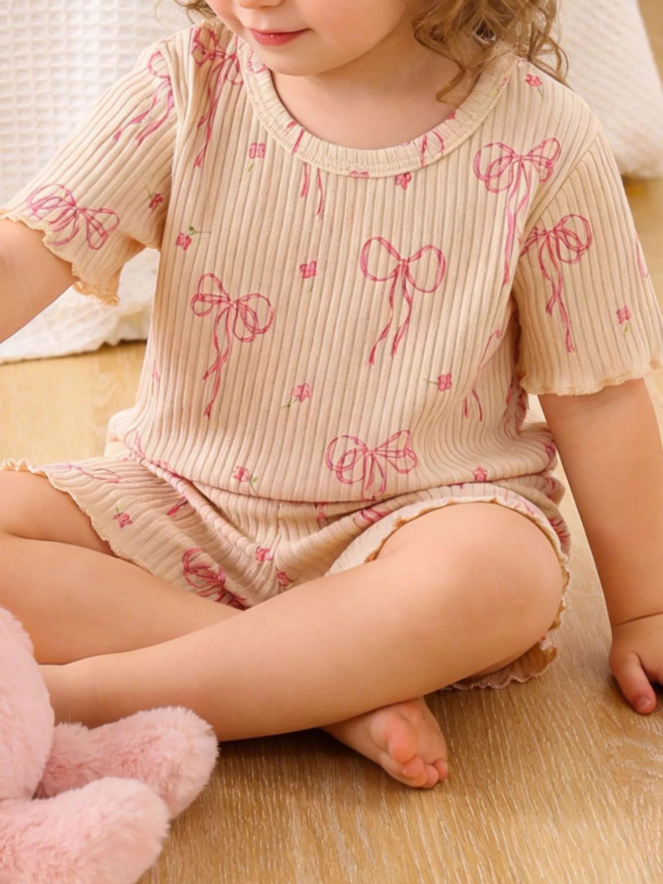 Children's Bow Ribbed Knit Top and Shorts Set
