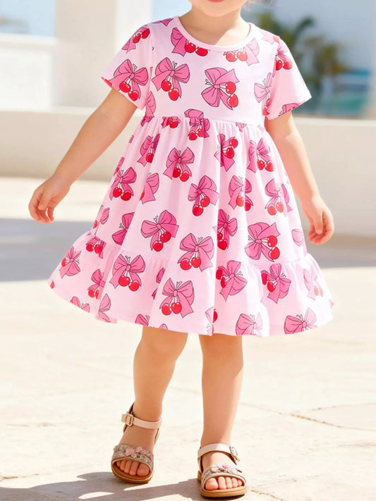 Children's Cherry Bowknot Print Ruffle Hem Dress