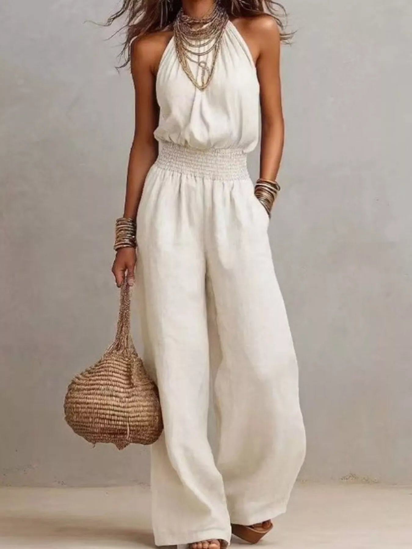 Smocked Halter Neck Wide-Leg Jumpsuit
