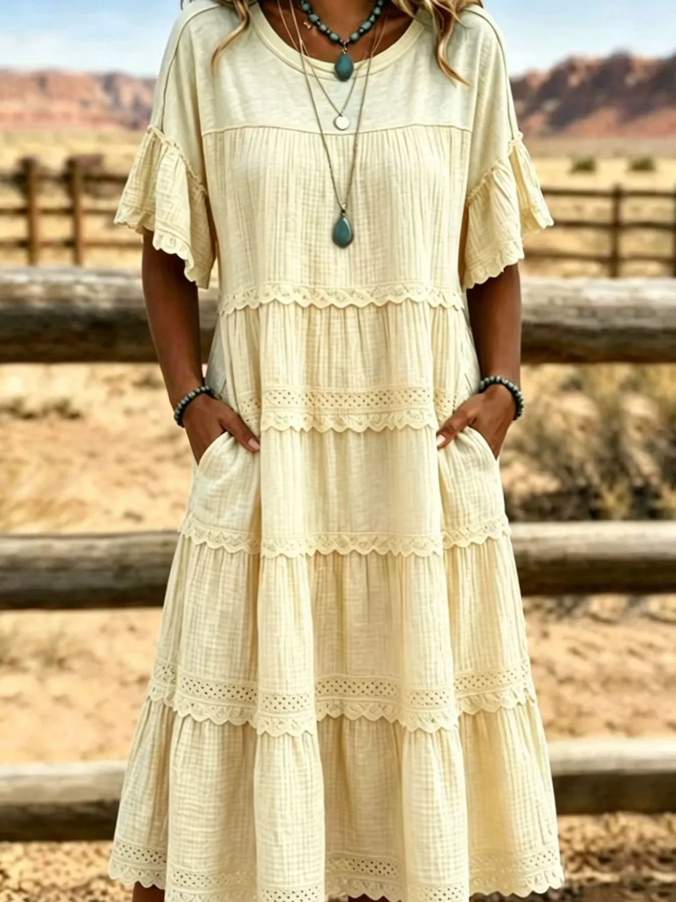 Full Size Tiered Ruffle Sleeve Midi Dress with Pockets Plus Size