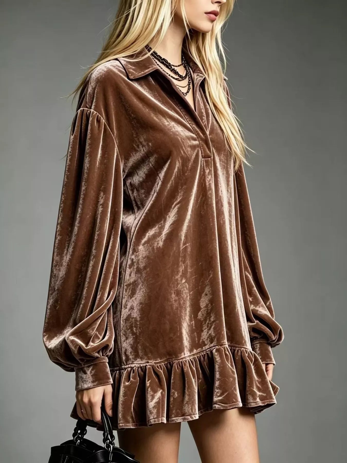 Full Size Velvet Ruffled Hem Long Sleeve Dress Plus Size