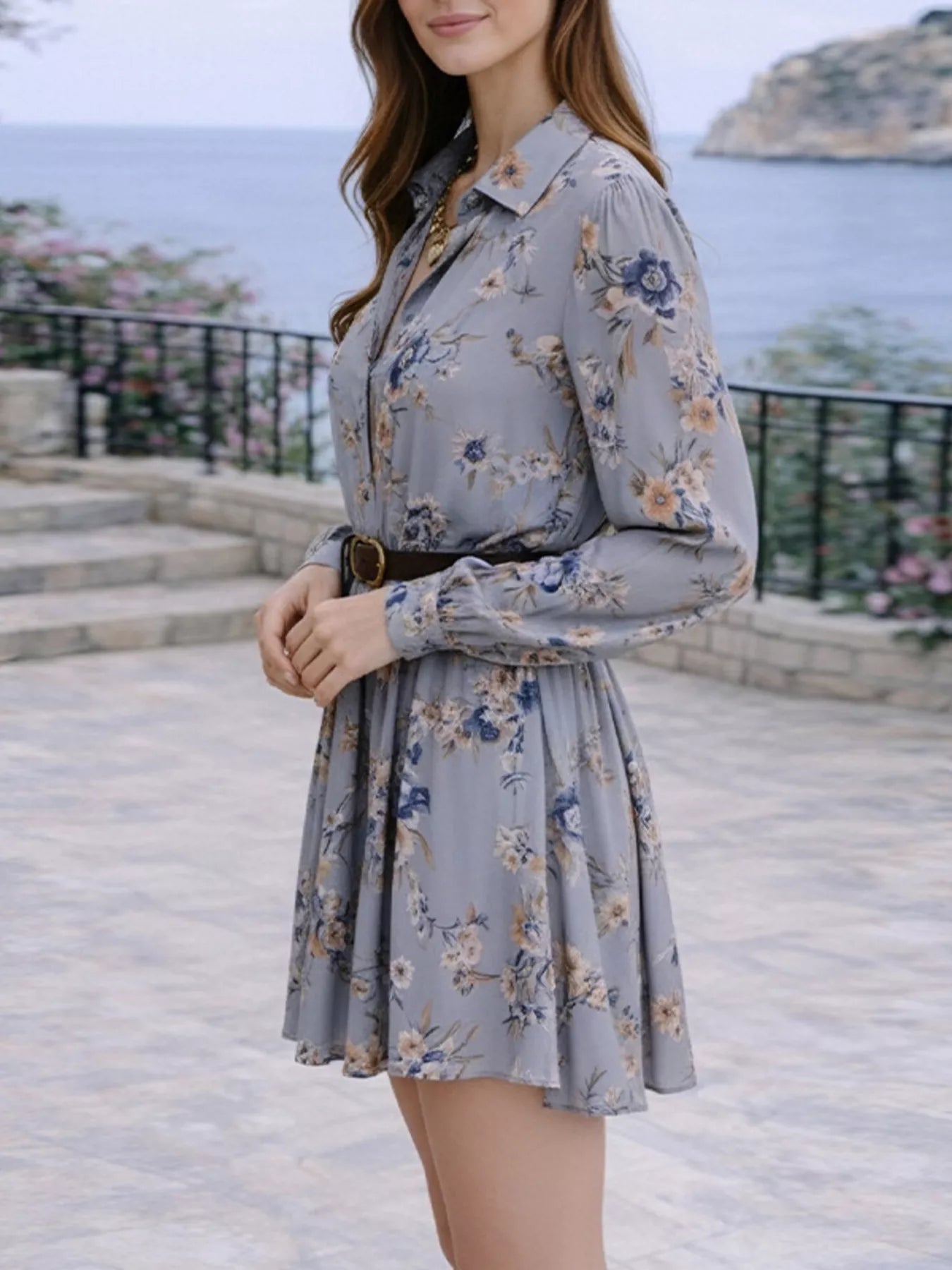 Full Size Floral Print Long Sleeve Shirt Dress Plus Size