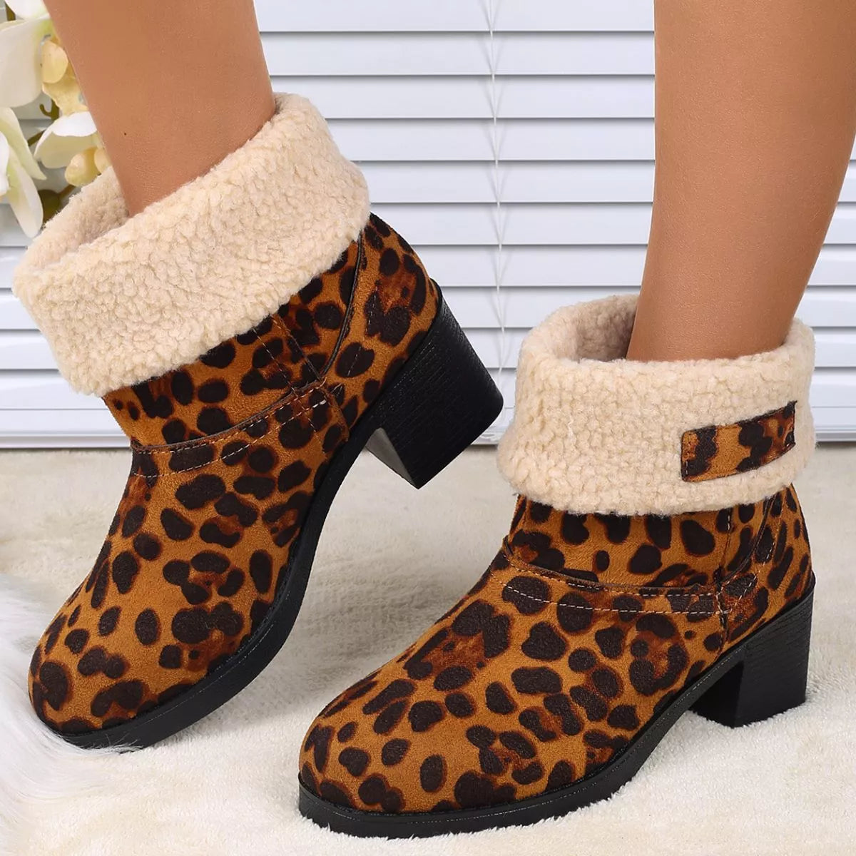 Plush Cuff Block Heel Boots