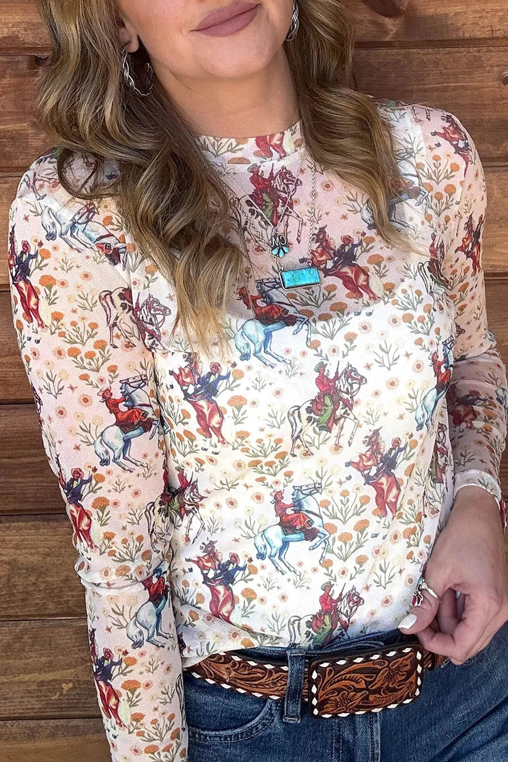 Cowboy Print Mesh Long Sleeve Top