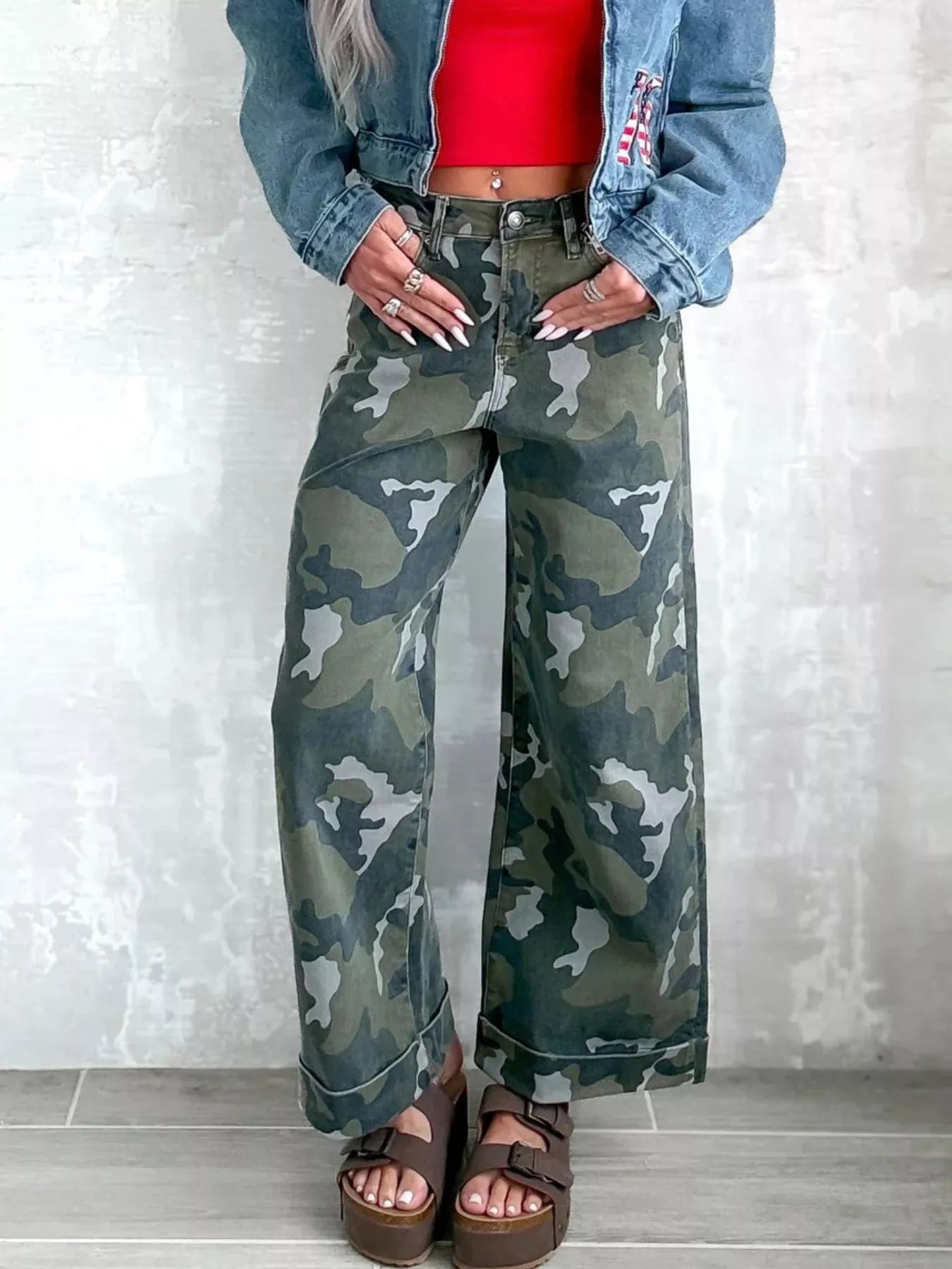 High-Waisted Camouflage Wide-Leg Jeans