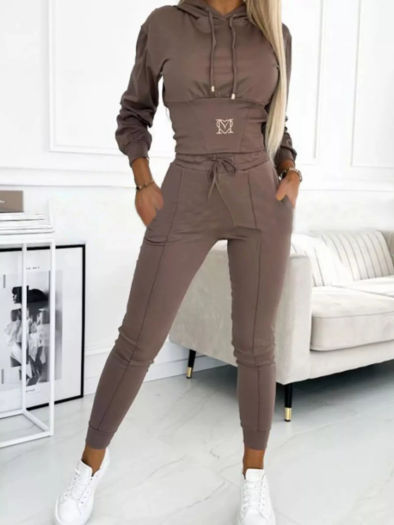 Full Size Drawstring Cropped Hoodie and Pants Set Plus Size