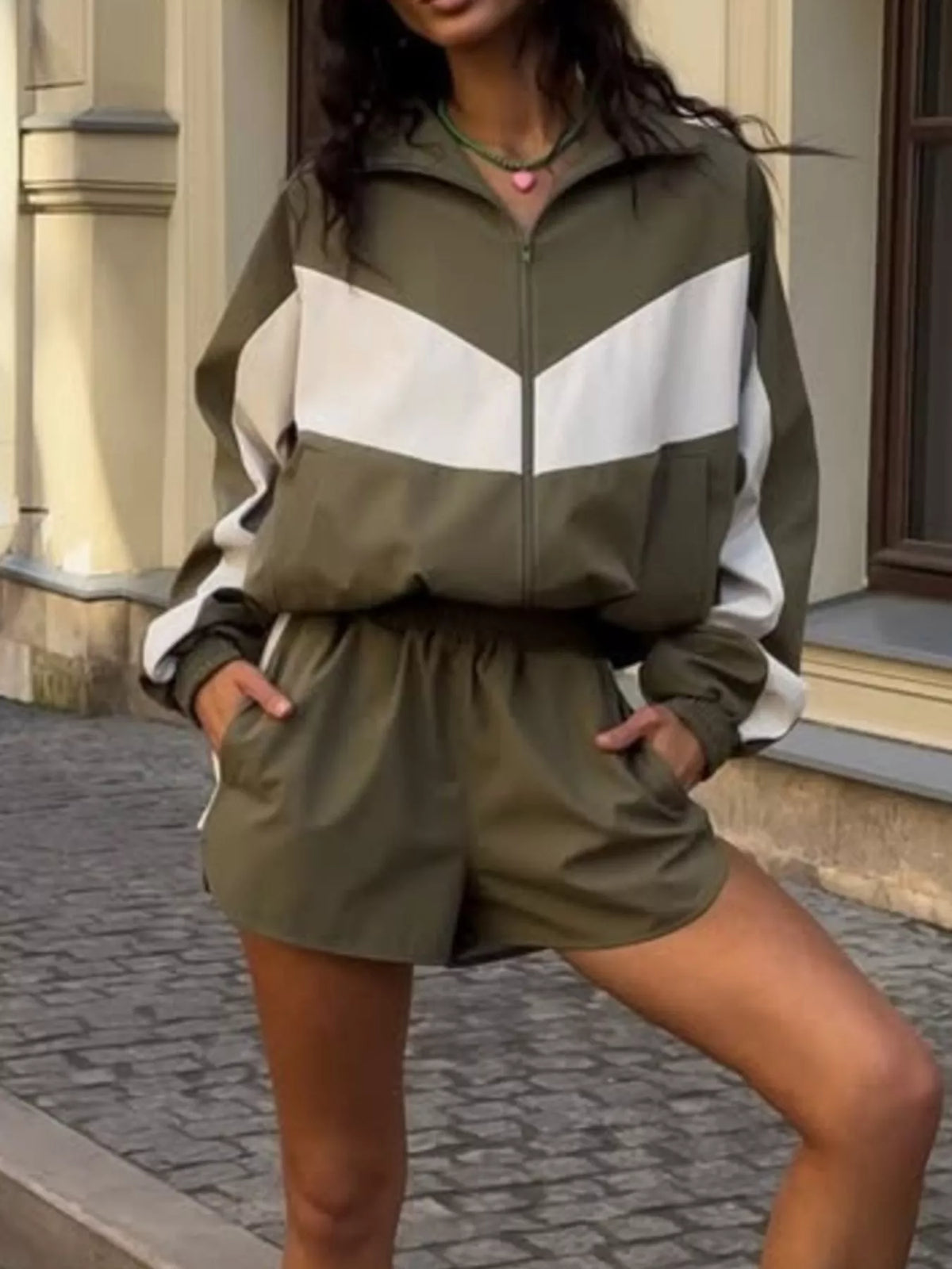 Color-Block Zip-Up Jacket and Shorts Set