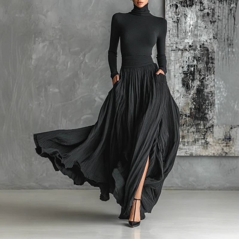 Women's Elegant High-Neck Sweater And Skirt Set - Solid Color With Slit Hem, Cozy Two-Piece Outfit For Fall Winter Casual Chic